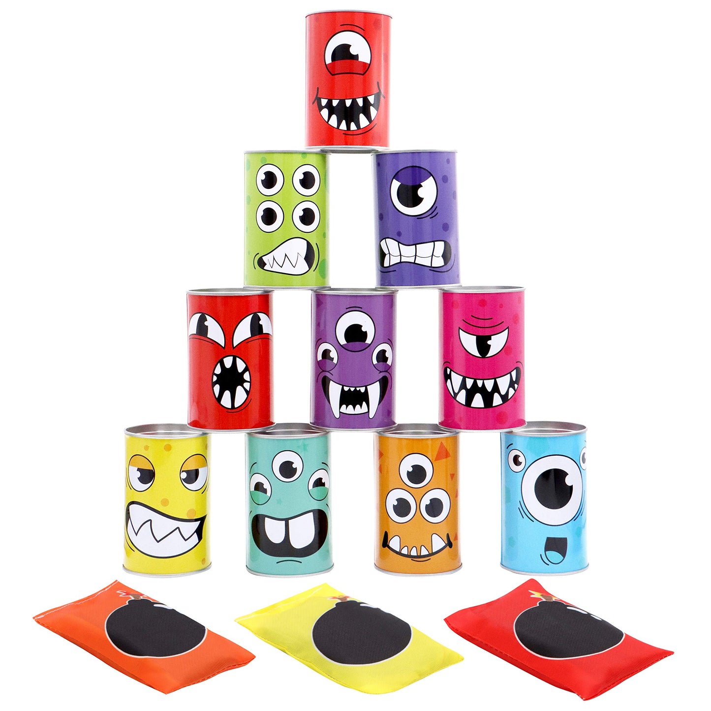 JOYIN 13 Pcs Carnival Bean Bag Toss  Knockdown Can Game Set  Holiday & Birthday Party Games  Outdoor Lawn Yard Activity for Kids Party Favors  Easter Egg Hunt for Classroom Gifts (Monster Style)