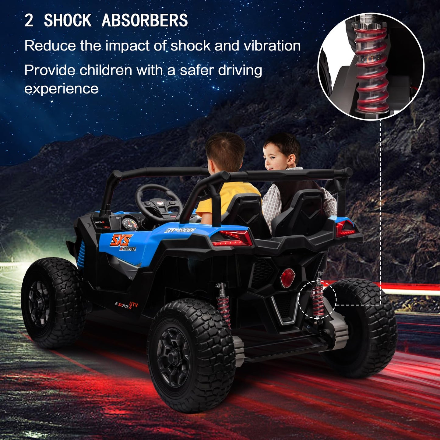 MOLACHI 2 Adjustable Seater Kids Ride on Car Truck  24V Children Electric Cars  4WD Soft Start Kid Remote Control Vehicle  3 Speeds  LED Lights  4 Shock Absorbers  Bluetooth  Music & Horn -Blue