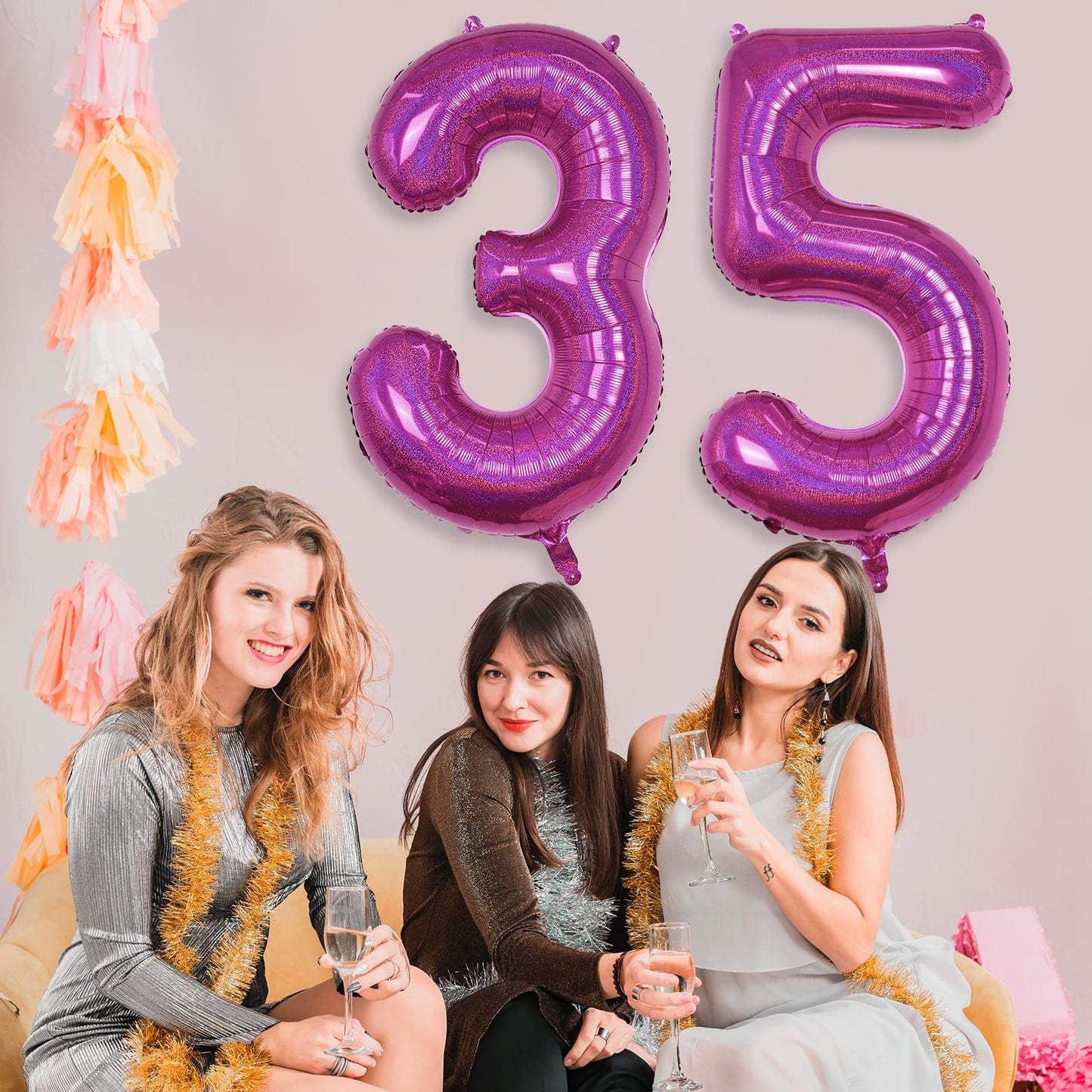 35Th Birthday Balloons For Women, Laser Hot Pink Foil Big Number 35 Balloons Anniversary Decor, Self Inflating Helium Mylar 40 I