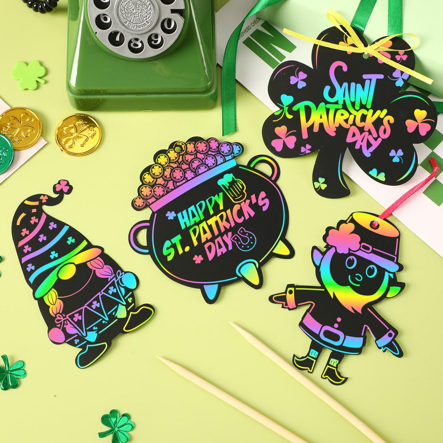 Julmelon 36 Pcs St Patricks Day Scratch Art For Kids, St. Patricks Day Crafts For Kids Rainbow Color Magic Scratch Paper Cards S