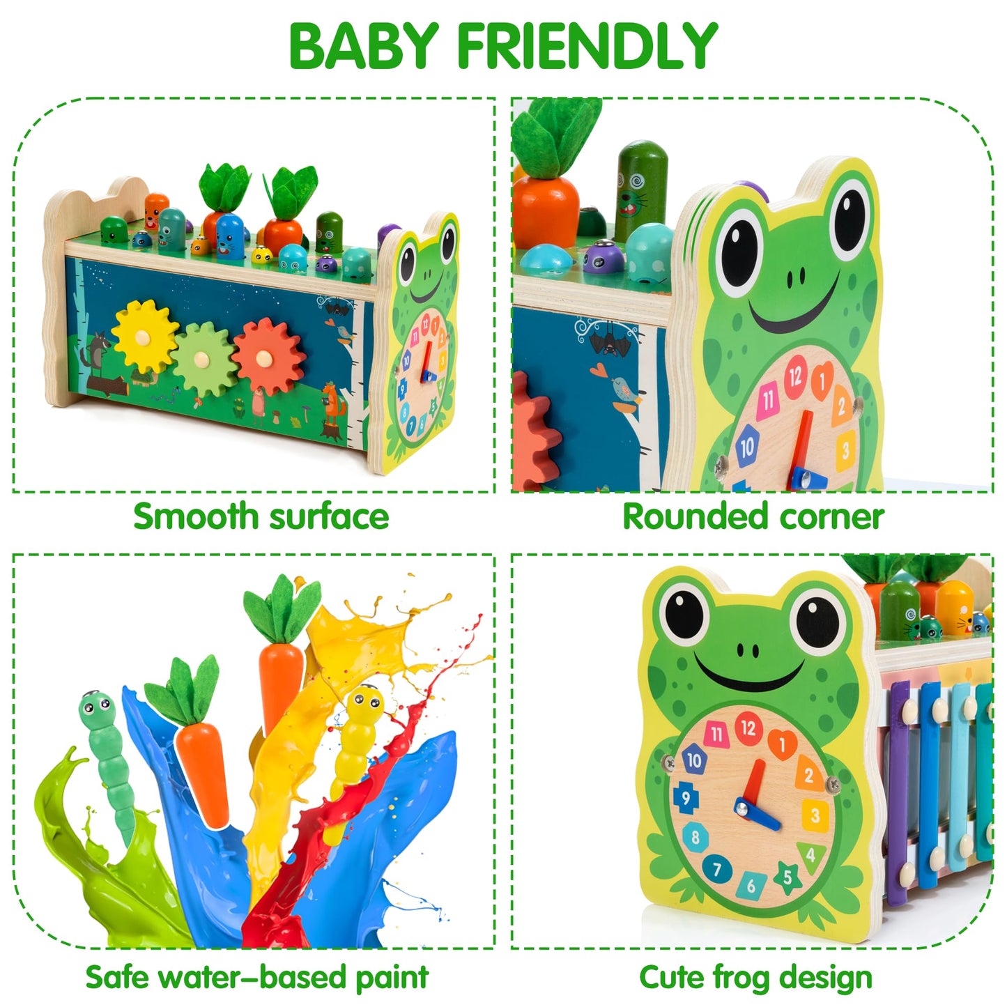 6-in-1 Wooden Montessori Toy with Mole Whacking Game & Xylophone for 1-5 Year Old Toddler, Activity Cube for 12+ Month Baby, Mul