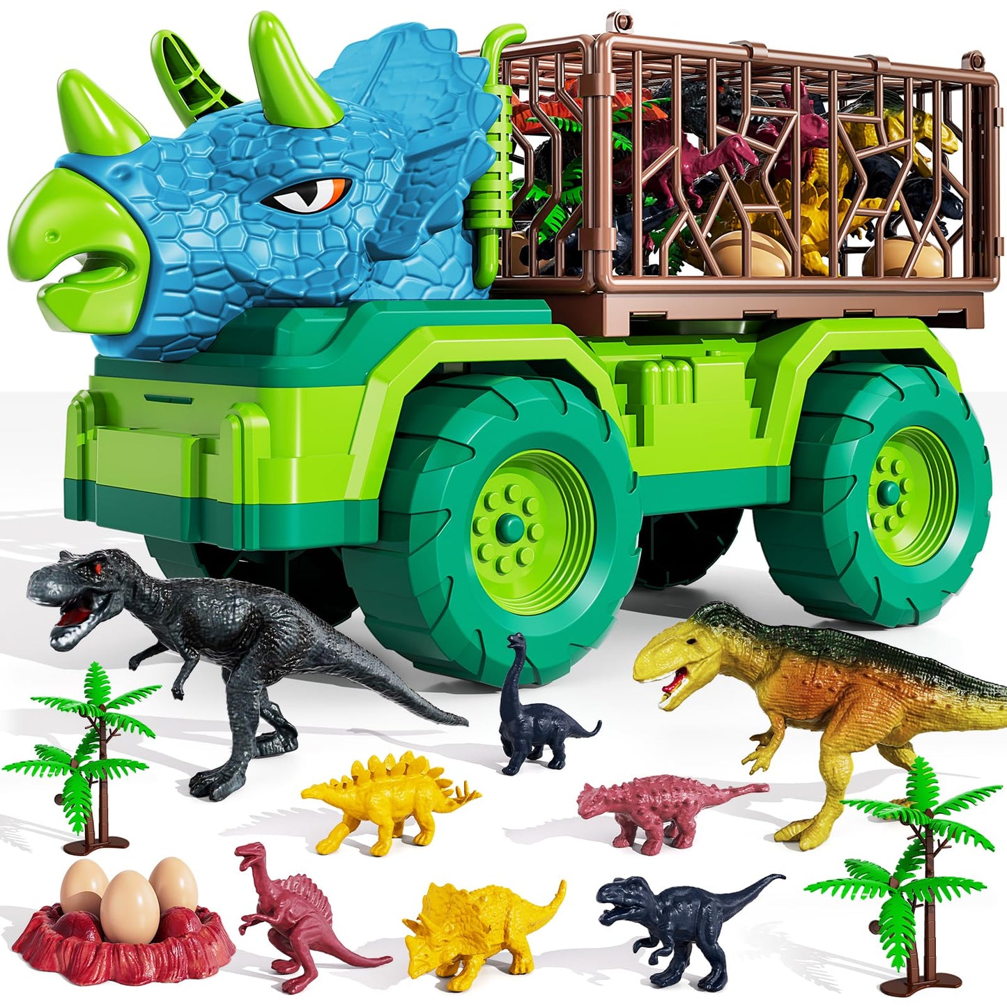 MAGICDINOSAUR Triceratops Truck Toy for Kids 3+ Years, Large Vehicle Carrier with Dinosaur Eggs, Jurassic Dinosaur Figures, Play