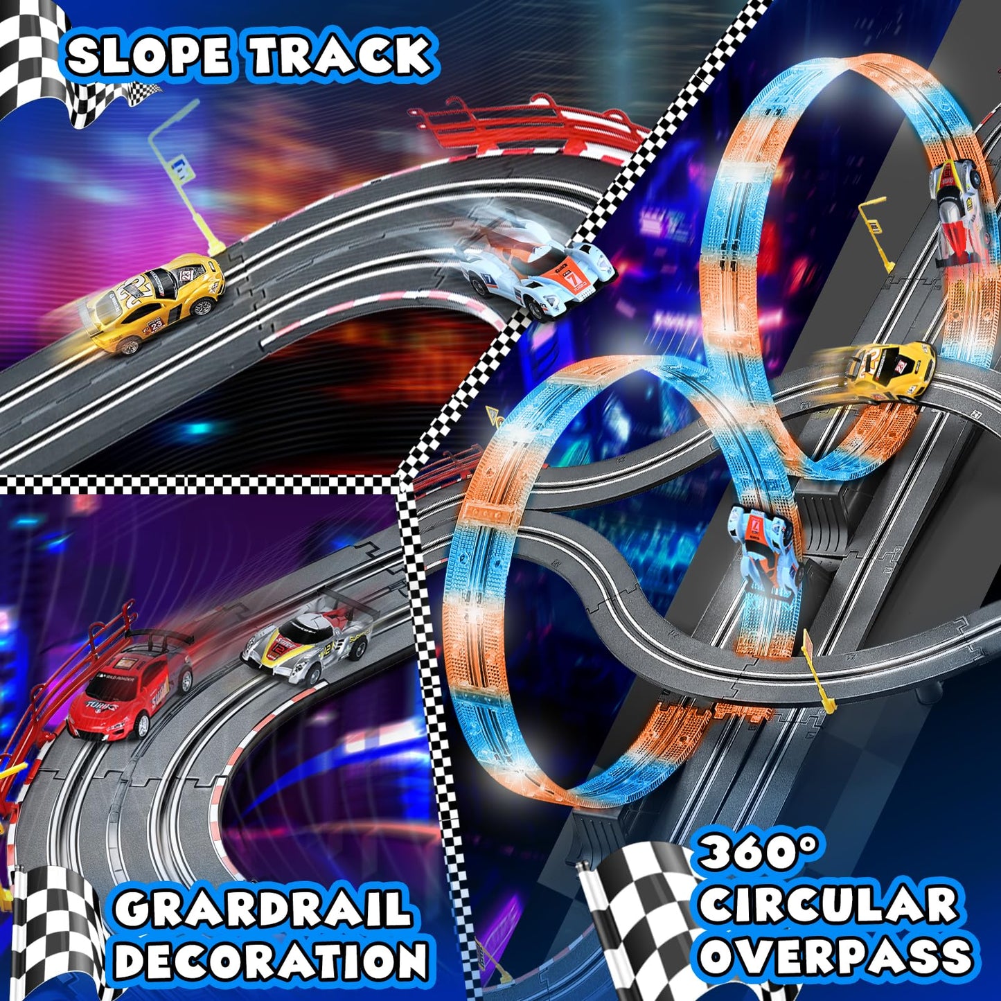 RIANEAN Slot Car Race Track Set - 4 Cars, Electric Dual Racing Game, 0.2" Size, Plastic, Model K-CARA51-4A-LIGHT, Gift for Kids