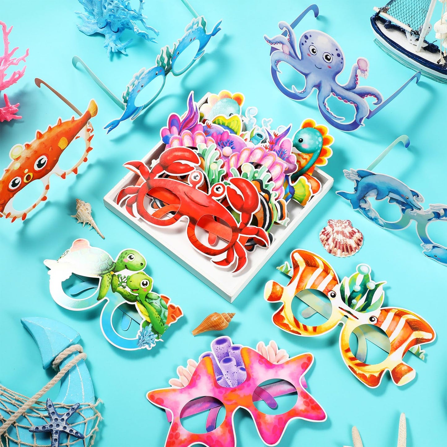 Harloon 36 Pcs Sea Animal Party Favors Under Ocean Paper Glasses Ocean Animal Photo Props For Fishing Birthday Party Supplies (W