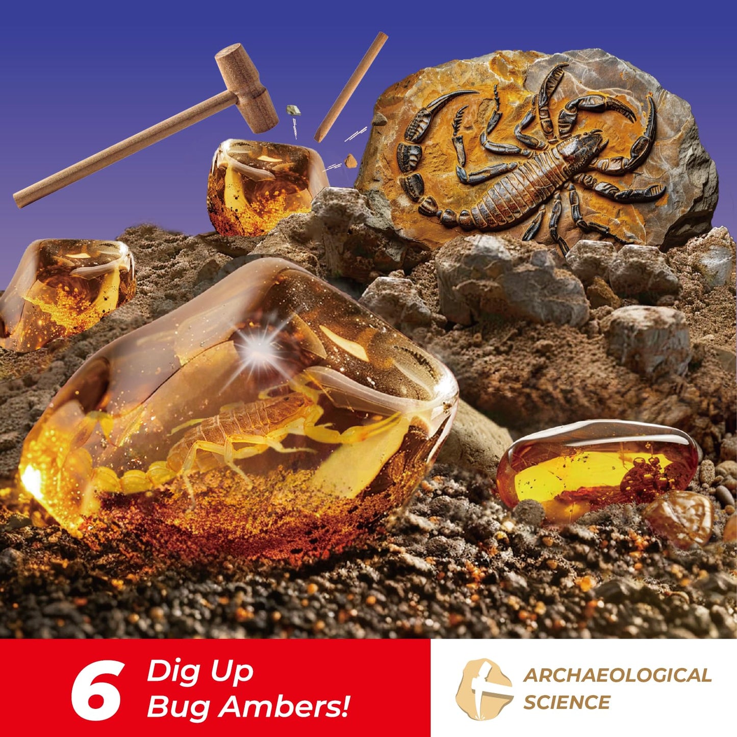 EDUMAN Amber Dig Kit  Artificial Insect Resin Specimens Excavation Kit  Dig Up 6 Bugs Fossil Kit  STEM Geographic Educational Toys  Science Kits for Kids Age 6-8-12  Birthday Gifts for Boys and Girls