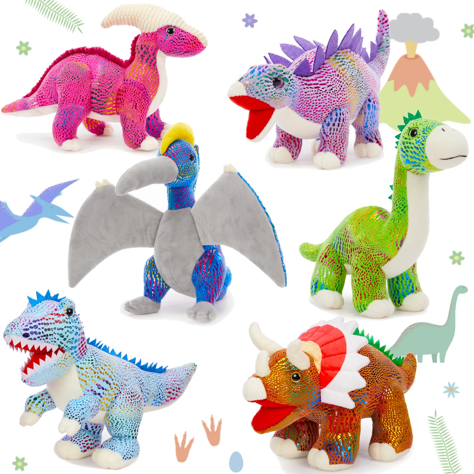 MaoGoLan 6Pcs Dinosaur Stuffed Animals Plush Dinosaur Toy Party Favors Bulk for Kids  12 Inch Collectible Stuffed Dino Plushies with Triceratops Velociraptor Stegosaurus Pterodactyl
