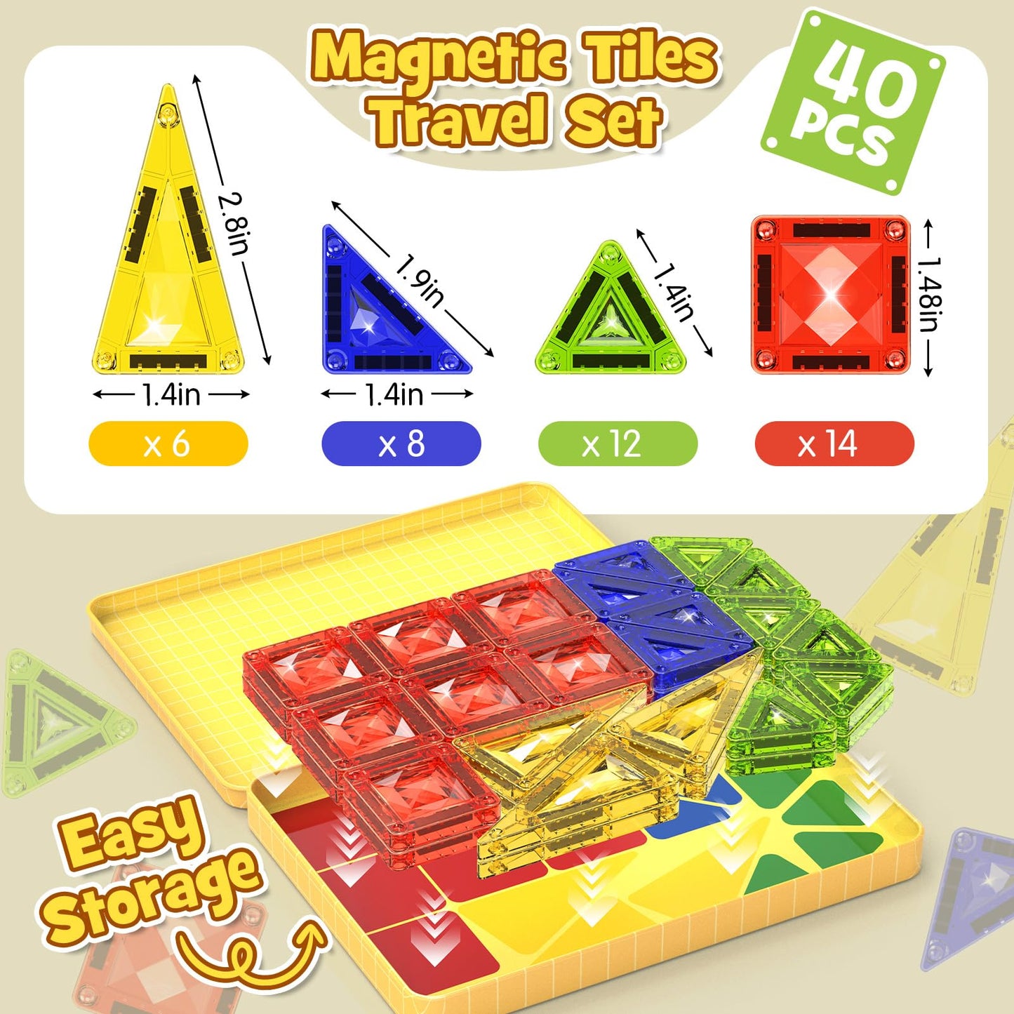 Mini Magnetic Tiles Travel Set - 40PCS Diamond Texture Magnetic Building Blocks for Kids  10% Thicker & Portable Yellow Metal Storage Box  Montessori STEM Educational Toys Gift for Ages 3+
