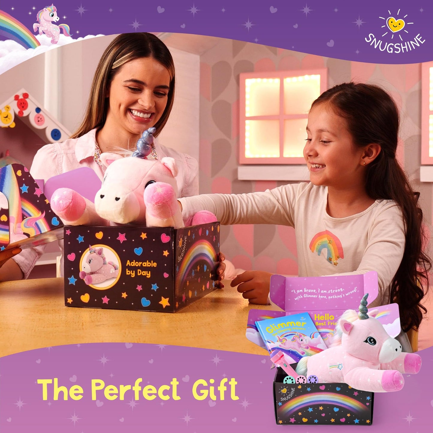 SNUGSHINE Glow in The Dark Unicorn Plush Set with Unicorn Book & Flashlight Projector, 18 Inch Unicorn Stuffed Animal and Book S