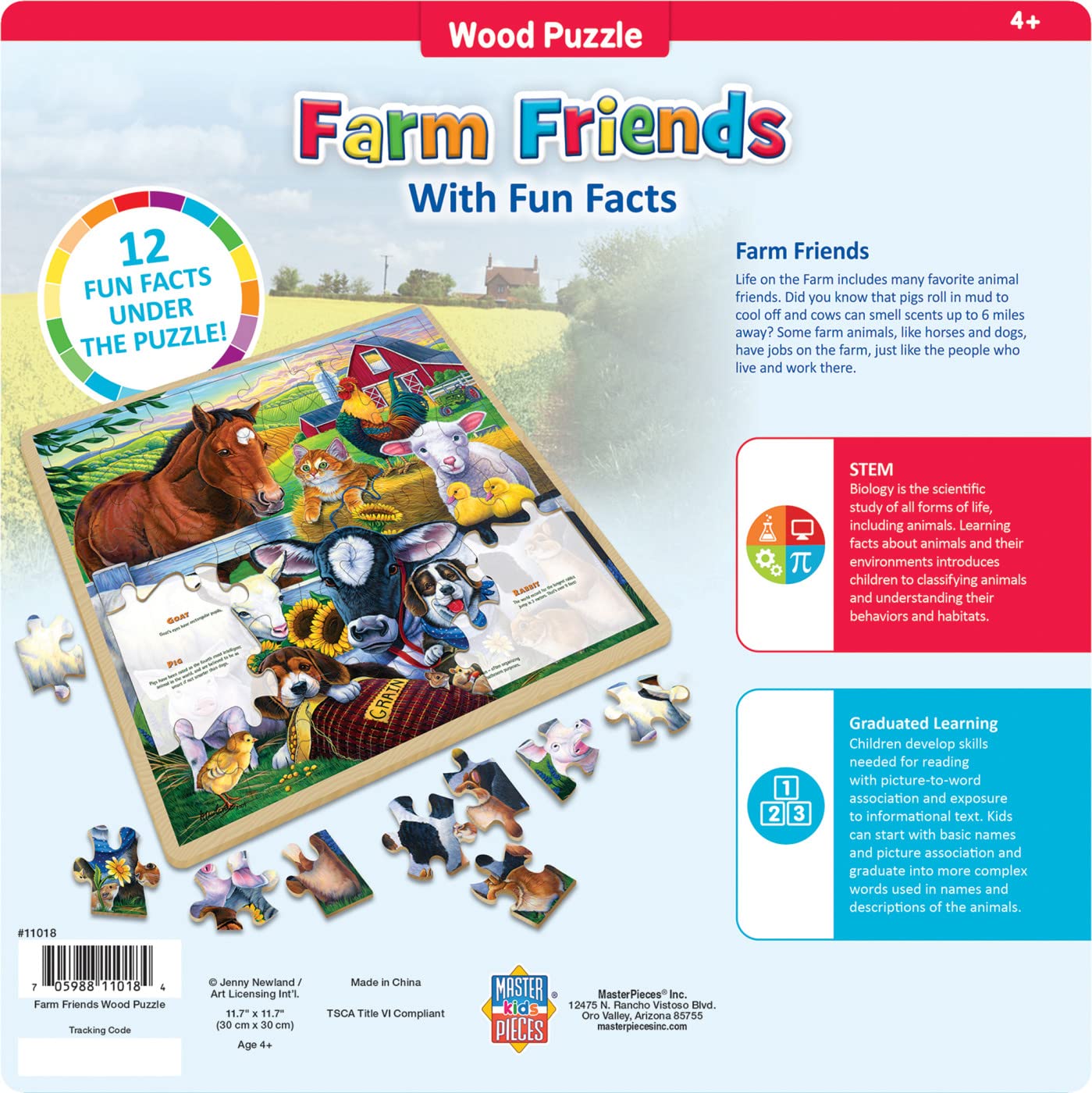 Masterpieces 48 Piece Fun Facts Jigsaw Puzzle For Kids - Farm Friends Wood Puzzle - 12'X12'