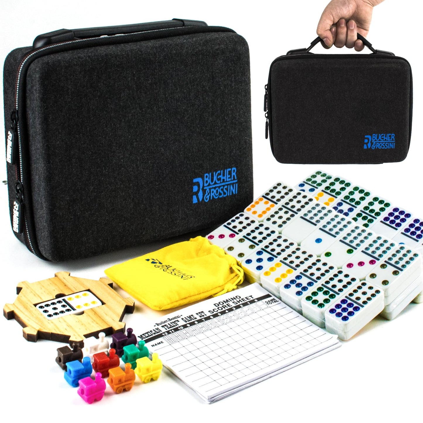Bucher&Rossini Mexican Train Dominoes Set Double 15, 136 Colored Dot Tiles With Hard Eva Carry Case For Kids & Adults Dominoes Board Game