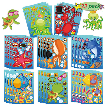 32 Sheets Make-A-Sea Face Stickers Ocean Animals Diy Art Craft Rewards For School Kid Teacher Summer Mermaid Party Favor Sticker