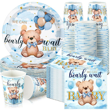 Hushee 200 Pcs Blue Bear Baby Shower Paper Plates Napkins Cups Baby Shower Party Supplies Tableware Set Bear Theme Disposable Cu