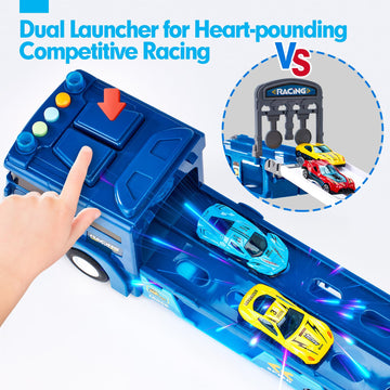 hahaland Toys for 2 Year Old Boy Birthday Gift - 2 in 1 Car Carrier Transforms into Race Tracks with Dual Launcher Toys for Ages