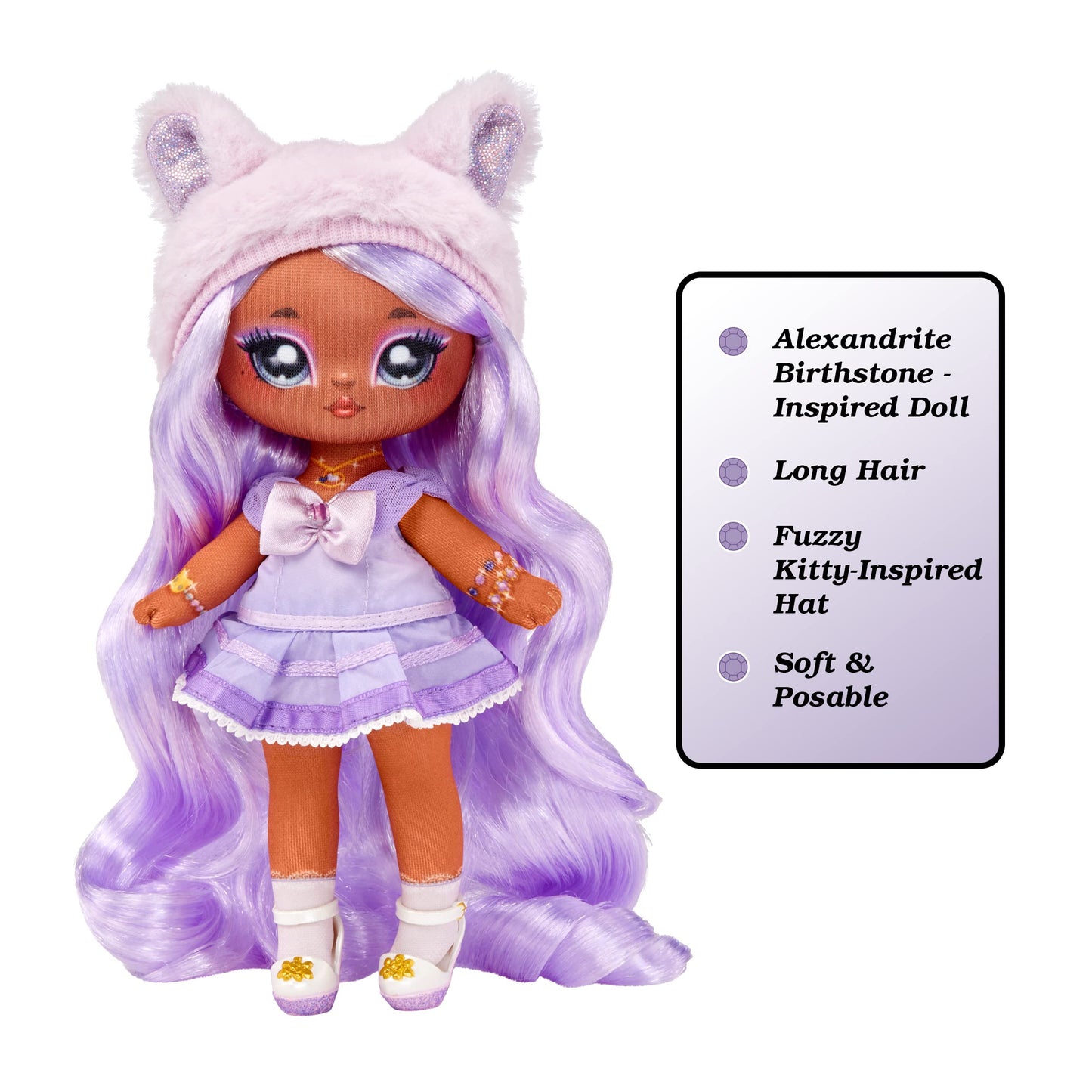 Na! Na! Na! Surprisesweetest Gems™ Juno Summers 7.5' Fashion Doll Light Amethyst Birthstone Inspired With Lavender Hair, Purple Dress & Brush,Poseable,Great Toy Gift Girls Boys Ages 5 6 7 8+ Years