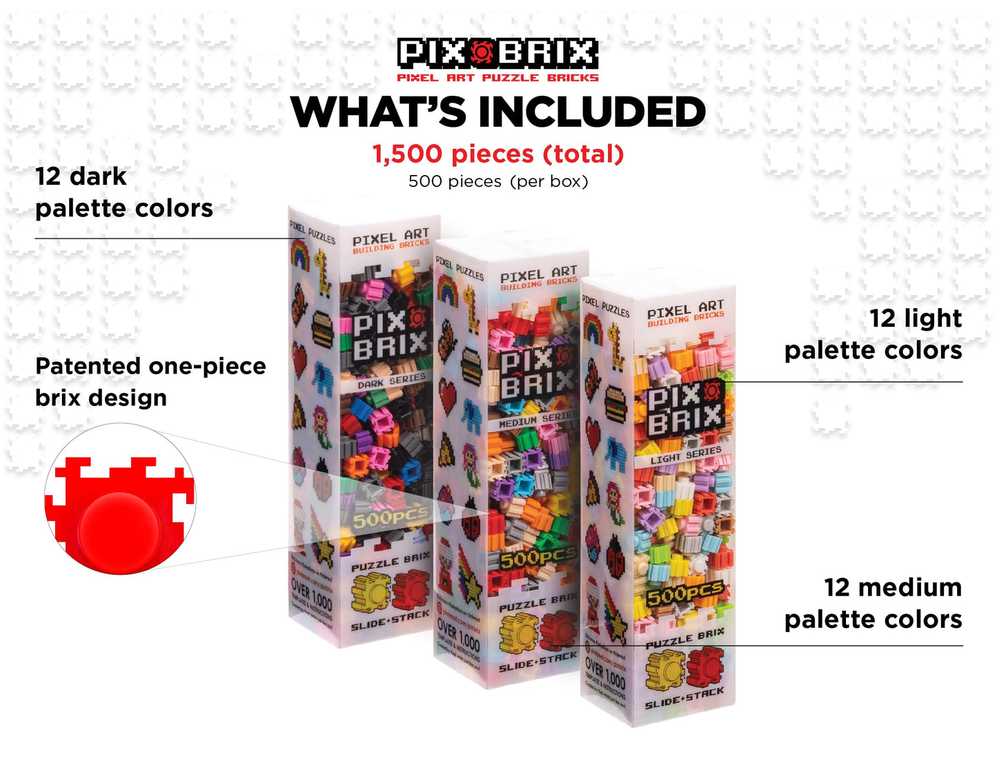 Pix Brix Pixel Art Puzzle Bricks, Mixed Bulk Brix - 1,500 Pieces (500 Light, 500 Medium, 500 Dark) - Interlocking Building Brick