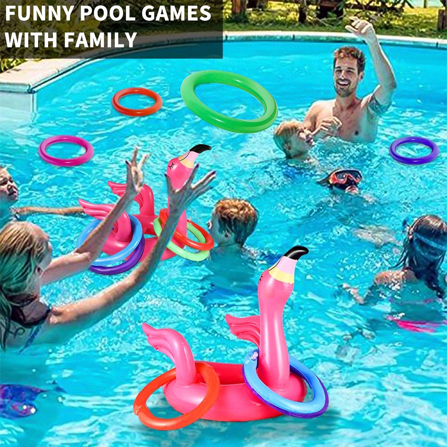 Camlinbo 15 Pcs Inflatable Flamingo Pool Toys Ring Toss Pool Game, Flamingos Luau Party Decor Hawaiian Beach Toys Carnival Outdo