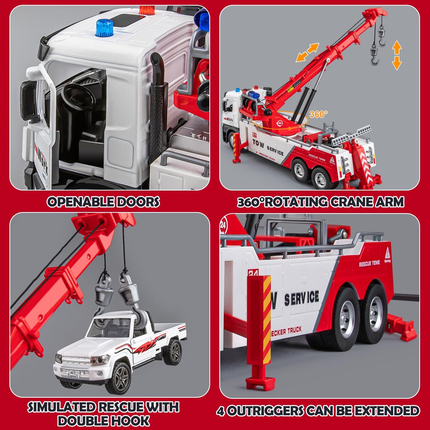 HAPYAD Tow Truck Toy for Boys, Metal Tow Truck with Crane Toy Model, Construction Vehicles with Lights and Sounds, Gift for Kids