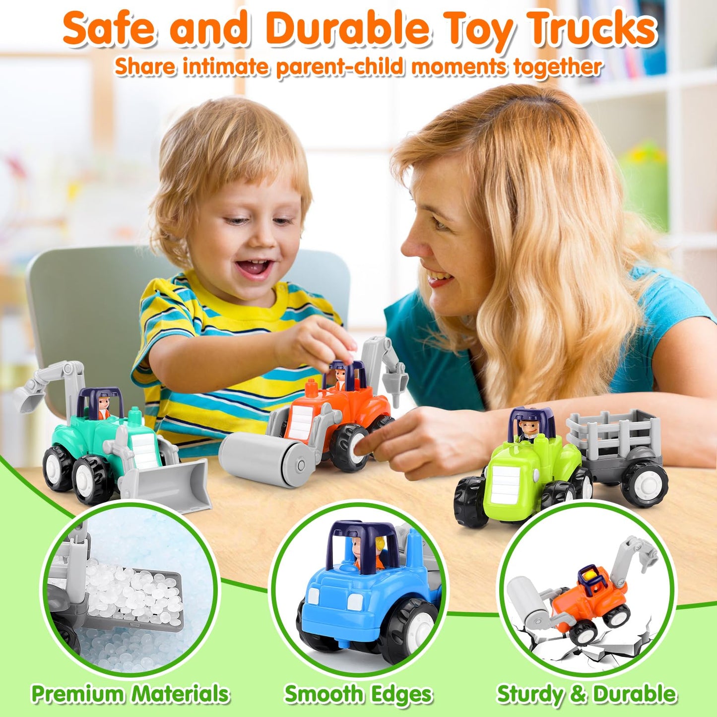 Orwine Toy Cars For 1 Year Old Boy, Inertia Toy Trucks, Early Educational Boy Toys Baby Toys 12-18 Months, Push And Go Cars Gifts For 1 Year Old Boys, Construction Vehicles Toddler Toys 4Pcs