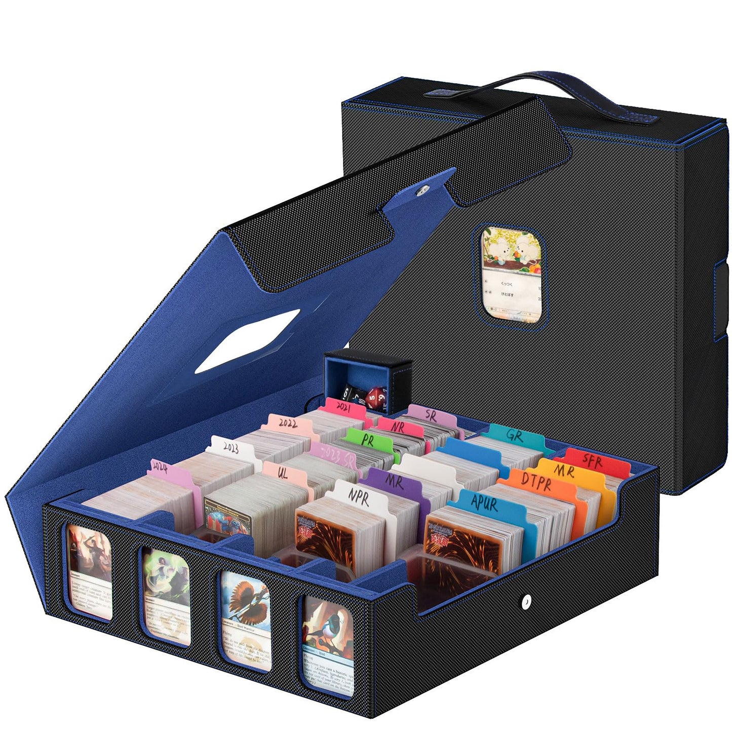 Gomyrod 3200+ Trading Card Storage Box - 4-Row TCG Box, Faux Leather, Black & Blue, Includes 30 Dividers & Dice Tray, Model SN19BD