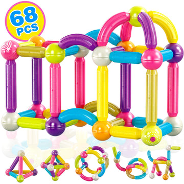 Contixo St2 Kids Magnetic Stix Stick 68 Pcs 3D Building Blocks Stem Construction Playboards Creativity, Imagination, Recreational, Educational For Children Toddler, 3+ Year Old Boys And Girls