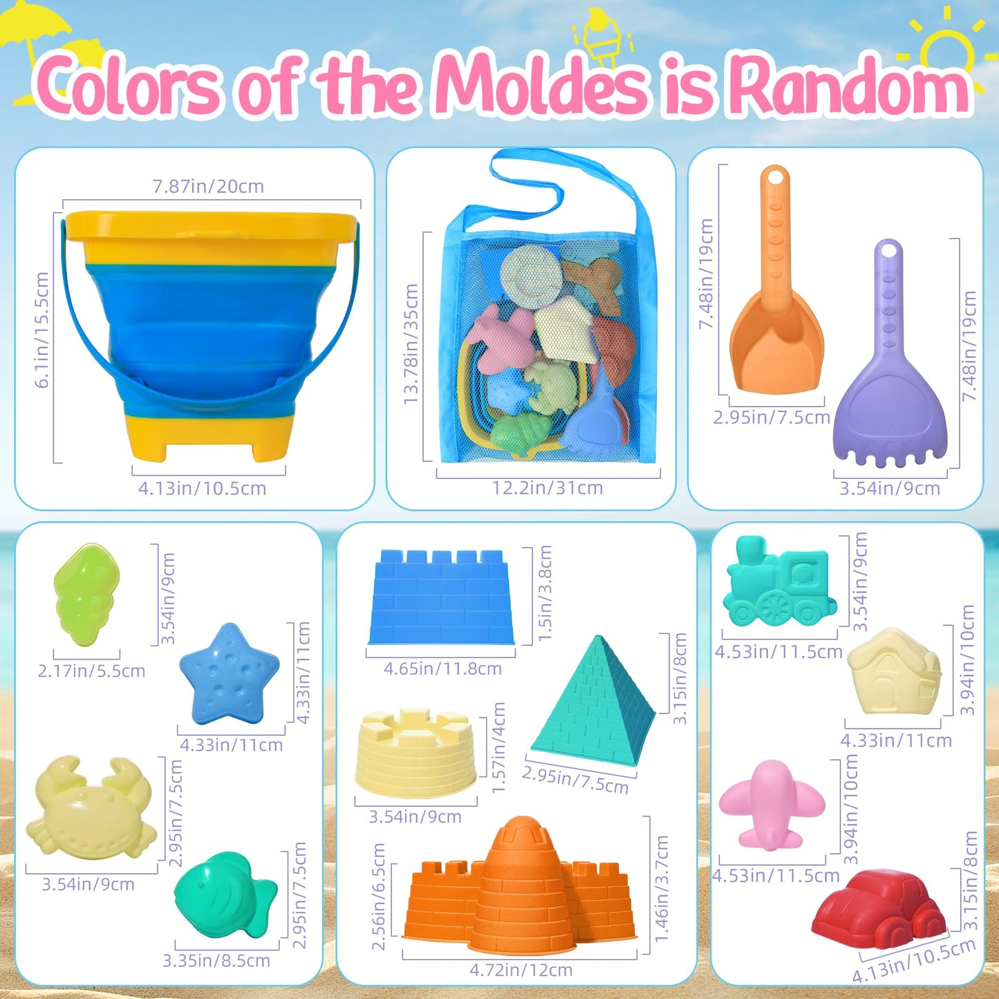 Collapsible Beach Toys Sand Set Collapsible Sand Bucket And Shovels Set With Mesh Bag & Molds Sandbox Toys For Kids Boy Ages 4-8