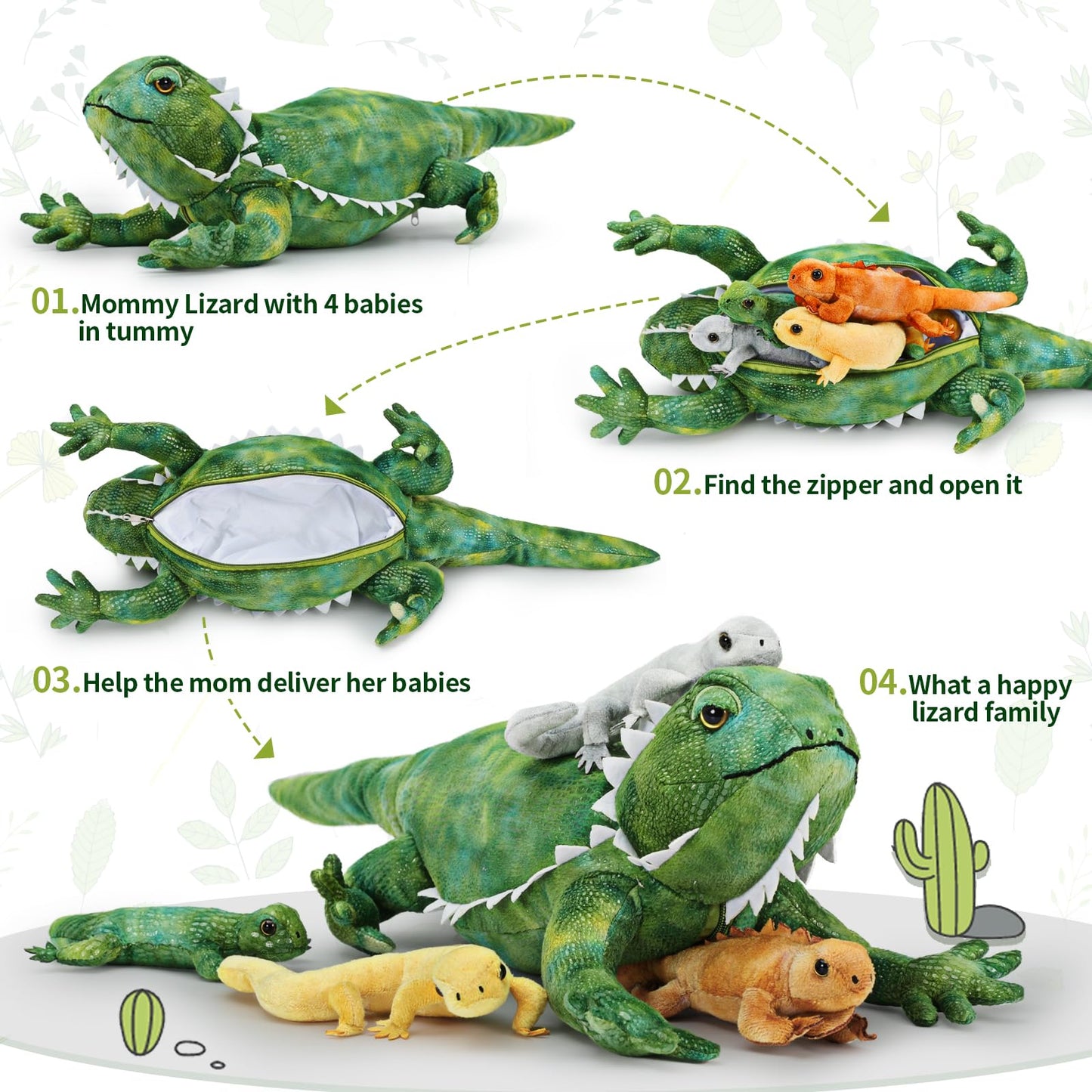 Tezituor 5 Pieces Realistic Stuffed Lizard Set With Babies,26.4 Inch Large Plush Bearded Dragon Animal Toy Gifts For Boys