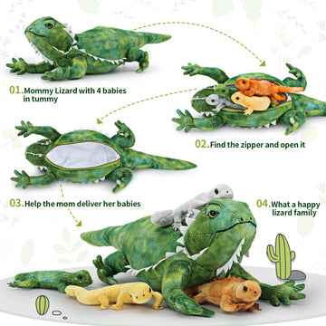 Tezituor 5 Pieces Realistic Stuffed Lizard Set With Babies,26.4 Inch Large Plush Bearded Dragon Animal Toy Gifts For Boys