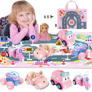 Toddler Girls Brithday Gifts Sets For Age 2 3 4 5, Girls Princess Car Toy Set With Baby Doll, Storage Bag For Traffic Safety Edu