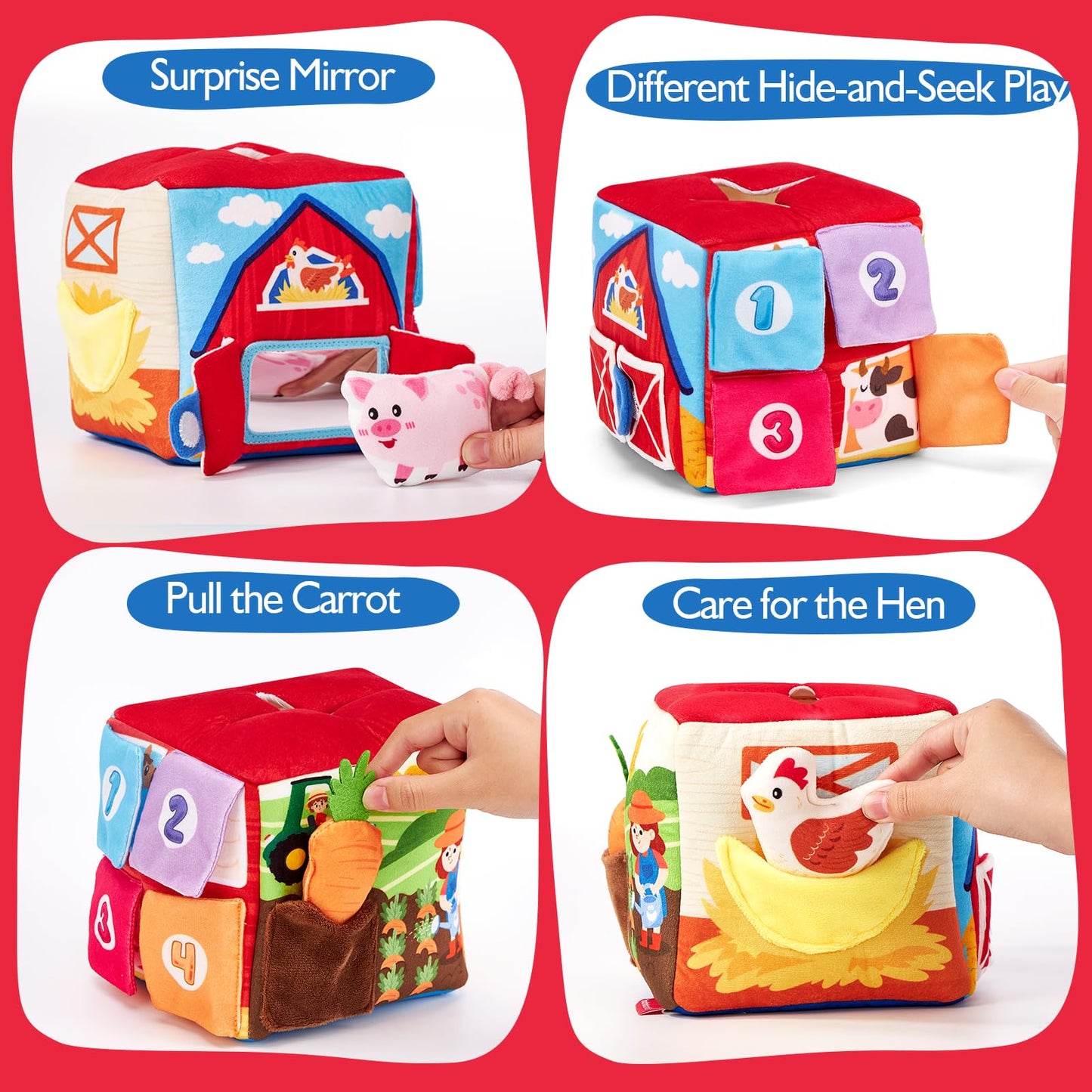 Hahaland Baby Toys 6-12 Months - 13 Pcs Whats Inside Box Surprise Developmental Toy With Stuffed Farm Animals, Rattle, Crinkle T