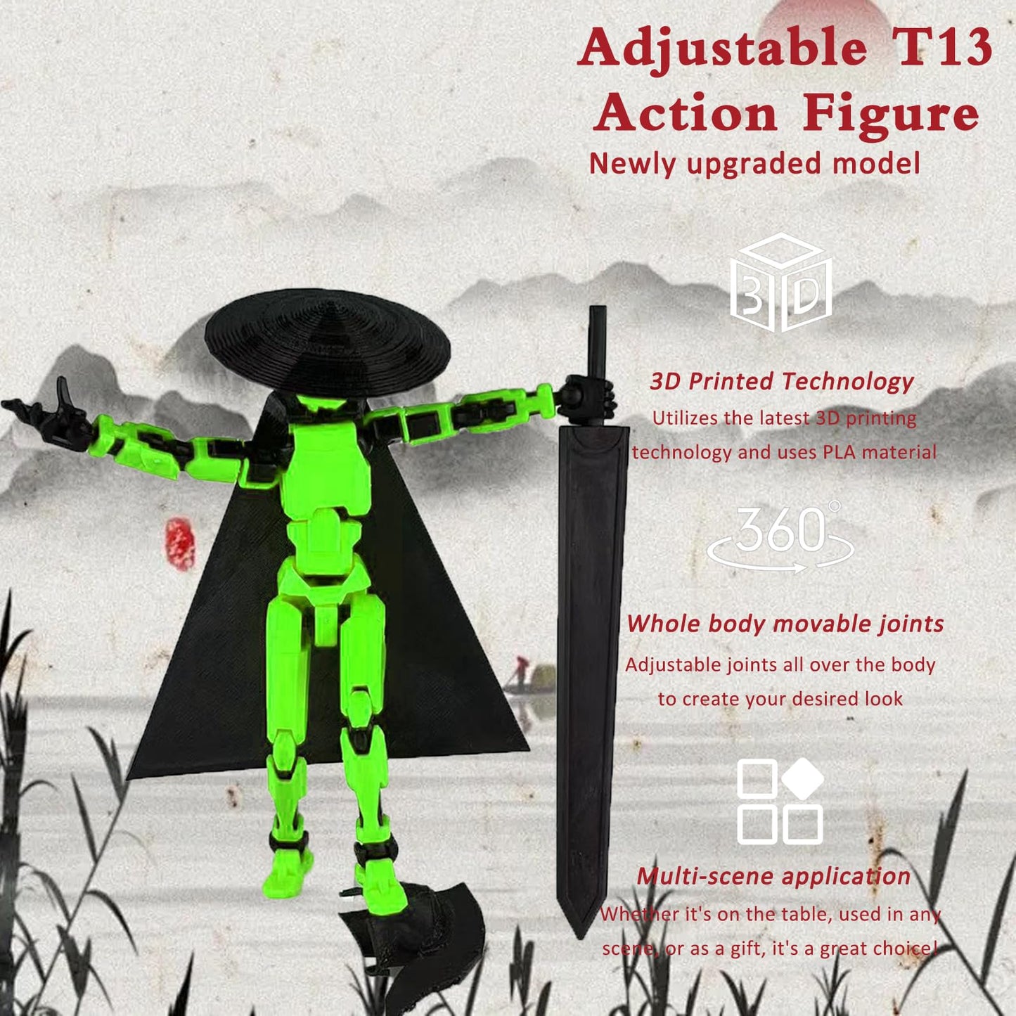 Pkghokids Already Assembled T13 Action Figure Accessories,Dummy 13 T13 Multi-Jointed Movable 3D Printed Toys (Green Orange)