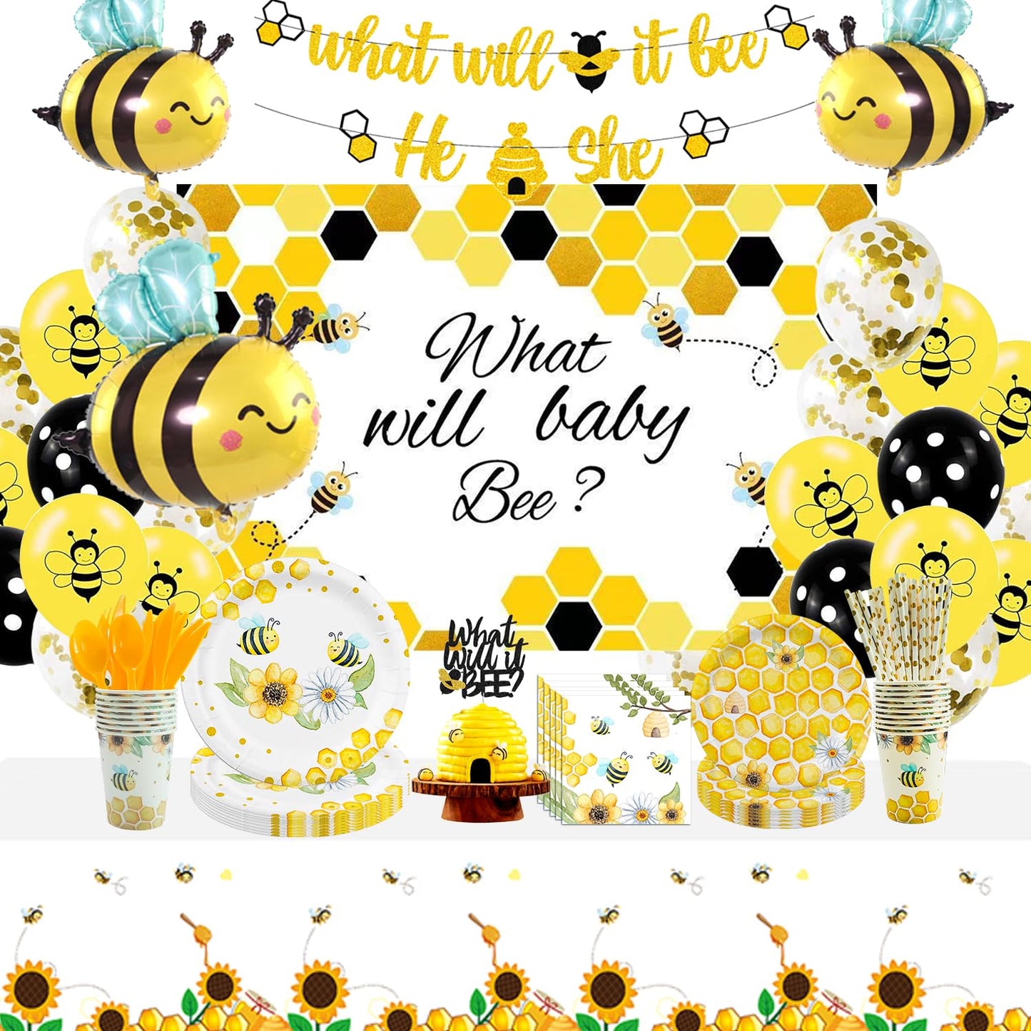 PYCALOW Bee Tableware Decorations - Bumble Bee Themed Party Supplies Include Backdrop, Banner, Plates, Cups, Napkins, Cutlery, T