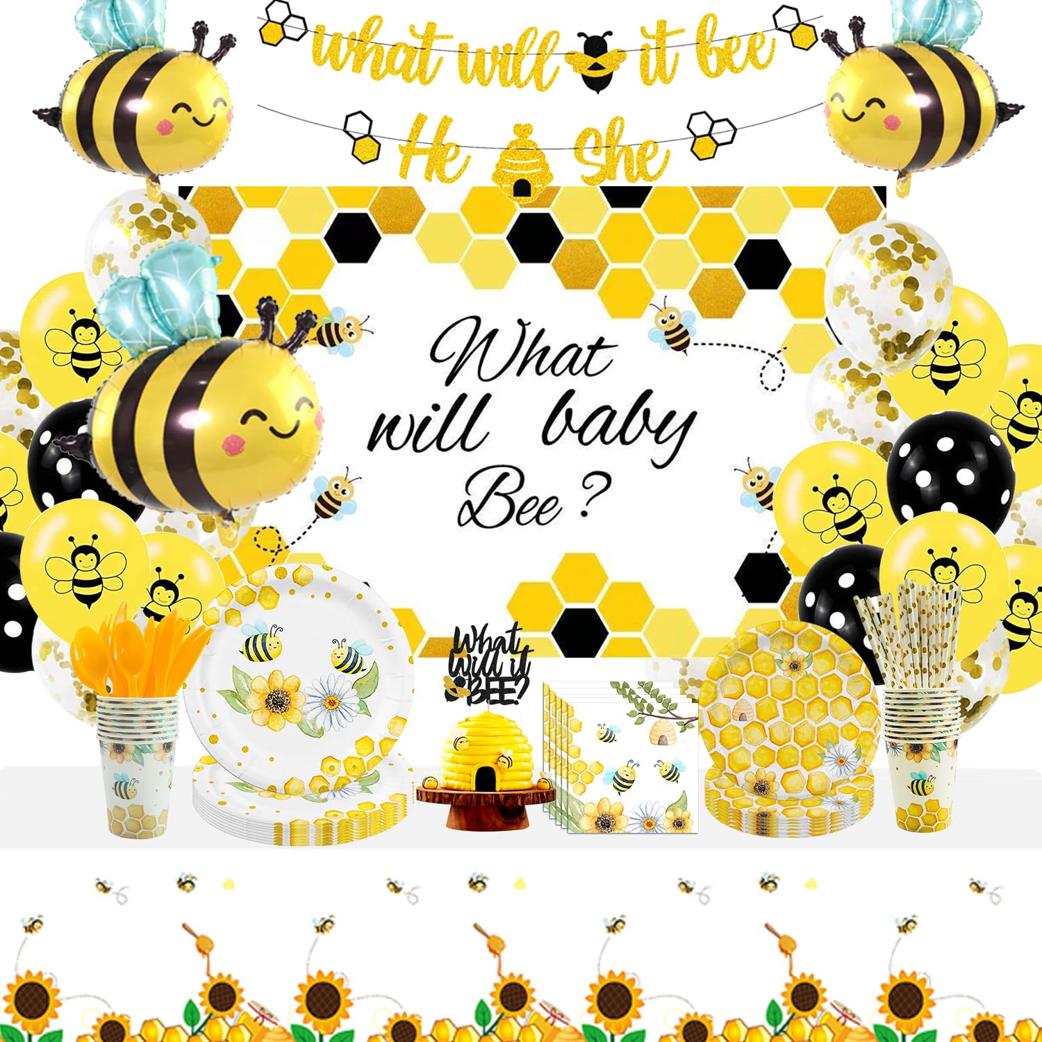PYCALOW Bee Tableware Decorations - Bumble Bee Themed Party Supplies Include Backdrop, Banner, Plates, Cups, Napkins, Cutlery, T