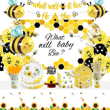 PYCALOW Bee Tableware Decorations - Bumble Bee Themed Party Supplies Include Backdrop, Banner, Plates, Cups, Napkins, Cutlery, T
