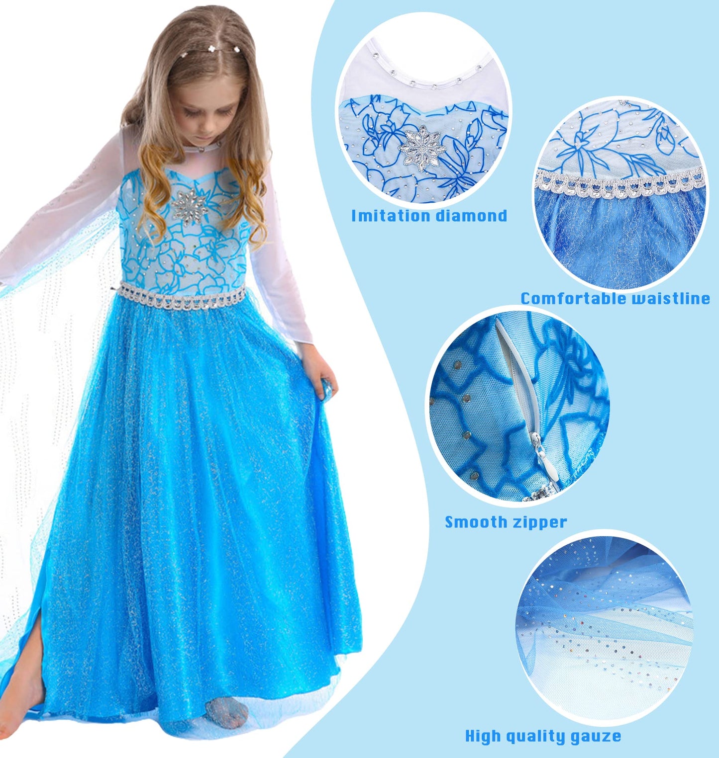 Elsa Princess Dress For Girls, Frozen Princess Costume For Kids Snow Party Queen,Birthday Party Dress Up With Accessories (Blue,