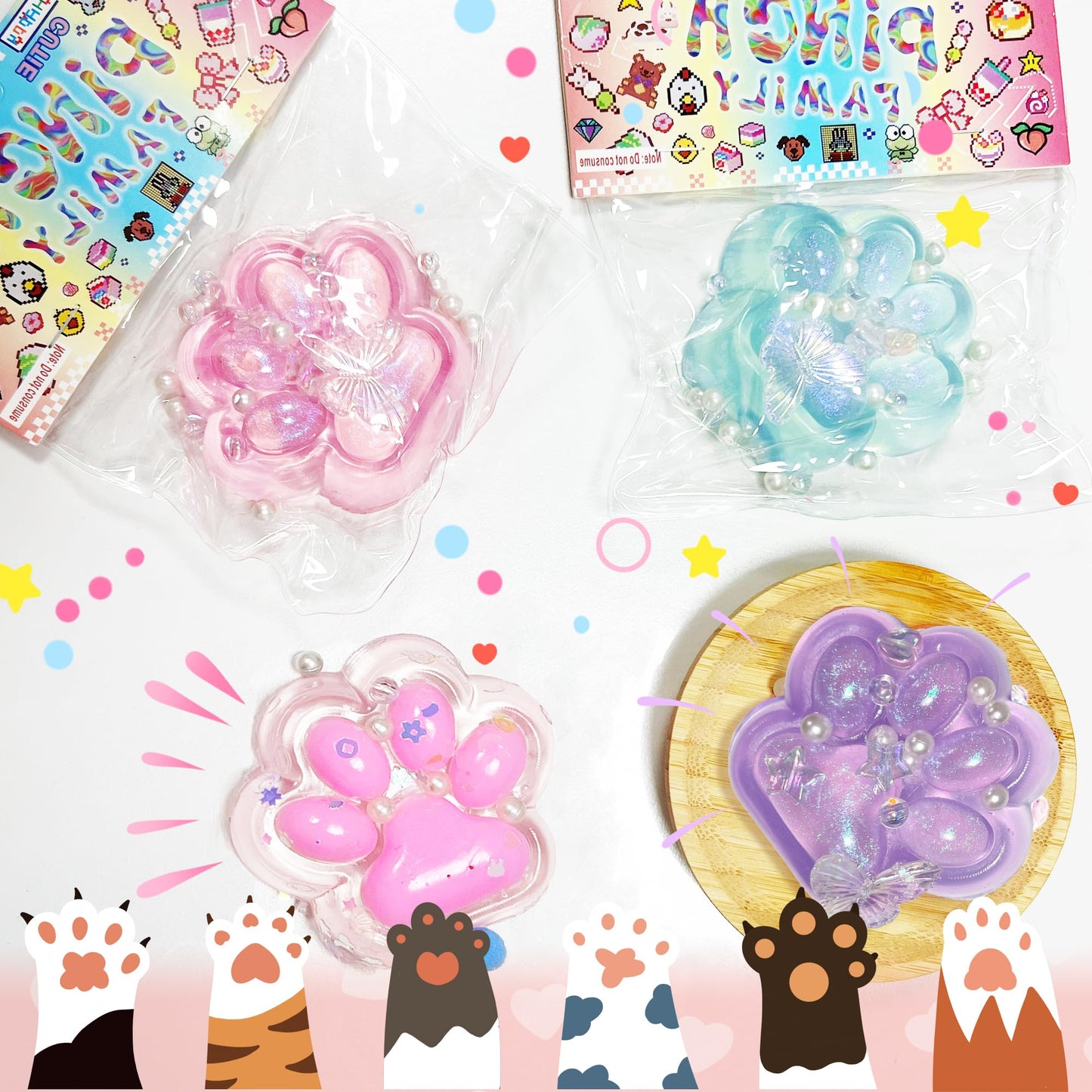 4PCS Cat Paw Squishy Toys  Sparkling Powder Taba Squishy Cute Fufu Cat Paw  Kawaii Pressure-Relief Toy for Kids & mature-themeds