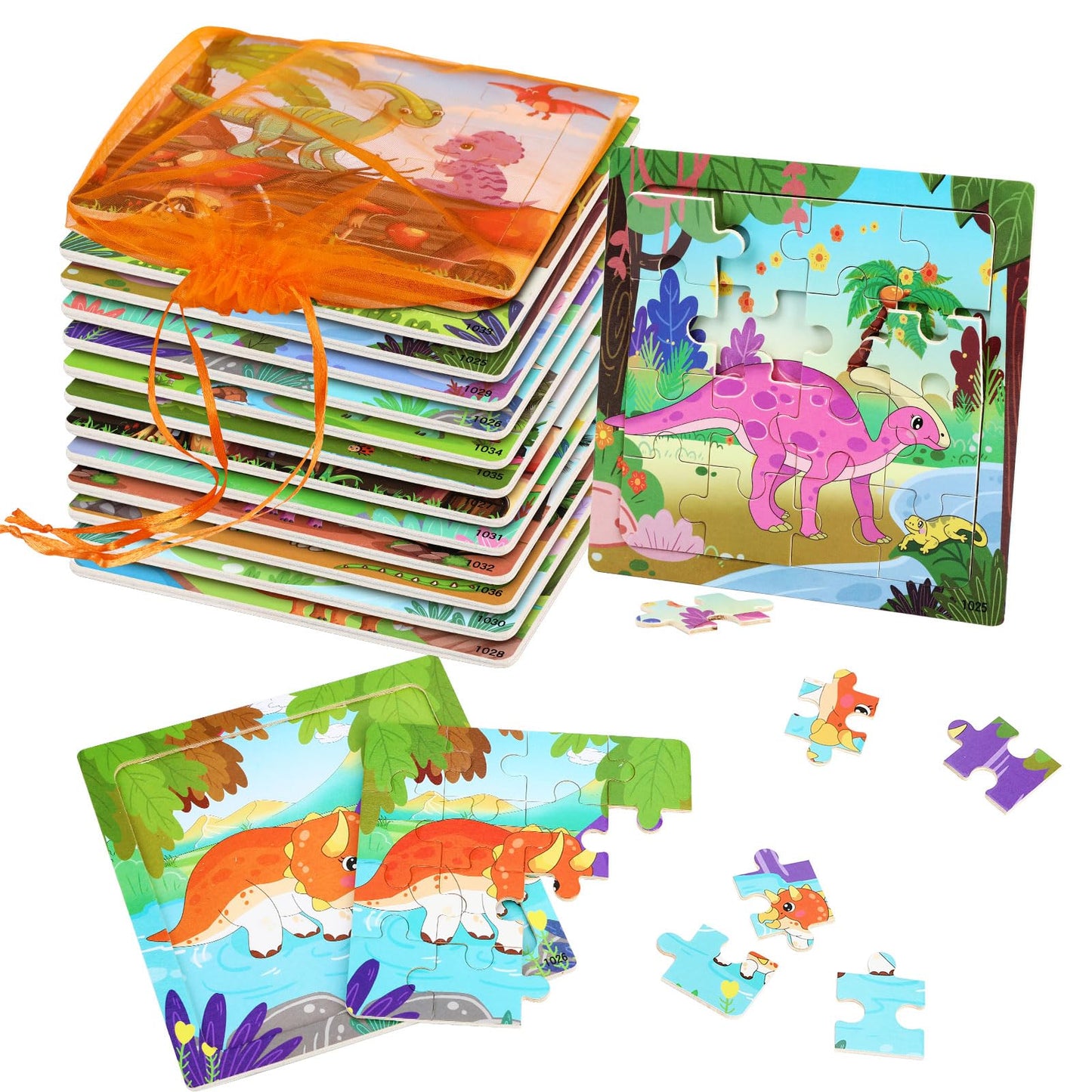 Sannix 12 Pack Dinosaur Wooden Jigsaw Puzzles With 12 Organize Bags, Dinosaurs Animals Toddlers Puzzles For Kids Ages 3 4 5, Party Favors Educational Learning Travel Toys For Boys Girls