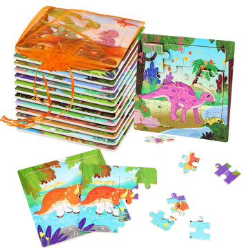 Sannix 12 Pack Dinosaur Wooden Jigsaw Puzzles With 12 Organize Bags, Dinosaurs Animals Toddlers Puzzles For Kids Ages 3 4 5, Party Favors Educational Learning Travel Toys For Boys Girls