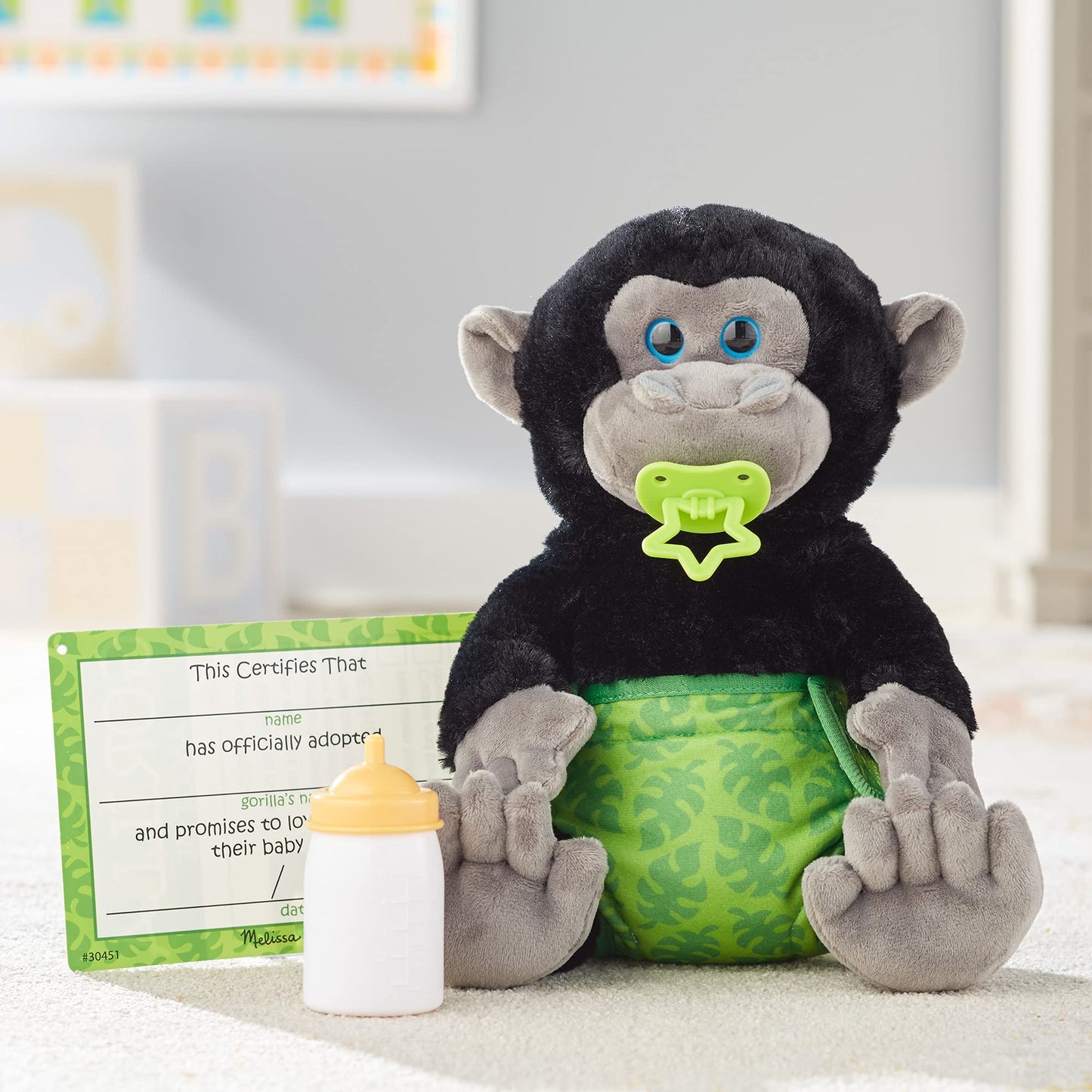 Melissa & Doug 11-Inch Baby Gorilla Plush Stuffed Animal with Pacifier, Diaper, Baby Bottle - Multi Color, Model 30451