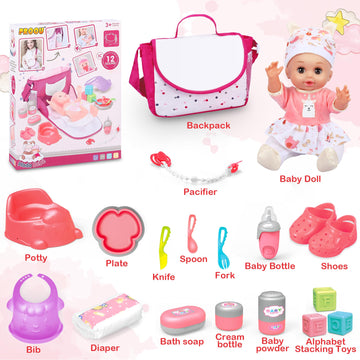 Baby Doll Care Set, Baby Doll Feeding Playset 20Pcs, Realistic Pretend Play Baby Doll, Incl Baby Care Bag, Milk Bottle, Pacifier, Diaper, Clothes, B-Day Gifts For Age 3 4 5 6+ Year Old Girls Kids