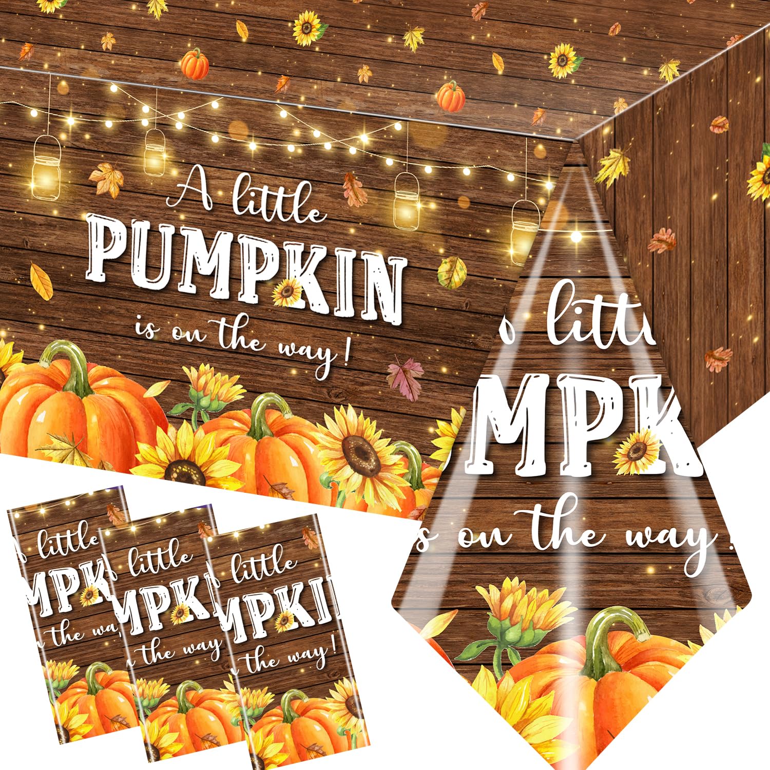 Little Pumpkin Baby Shower Decorations - 3Pcs A Little Pumpkin Is On The Way Tablecloth, Rustic Wood Fall Pumpkin Table Cover Fo