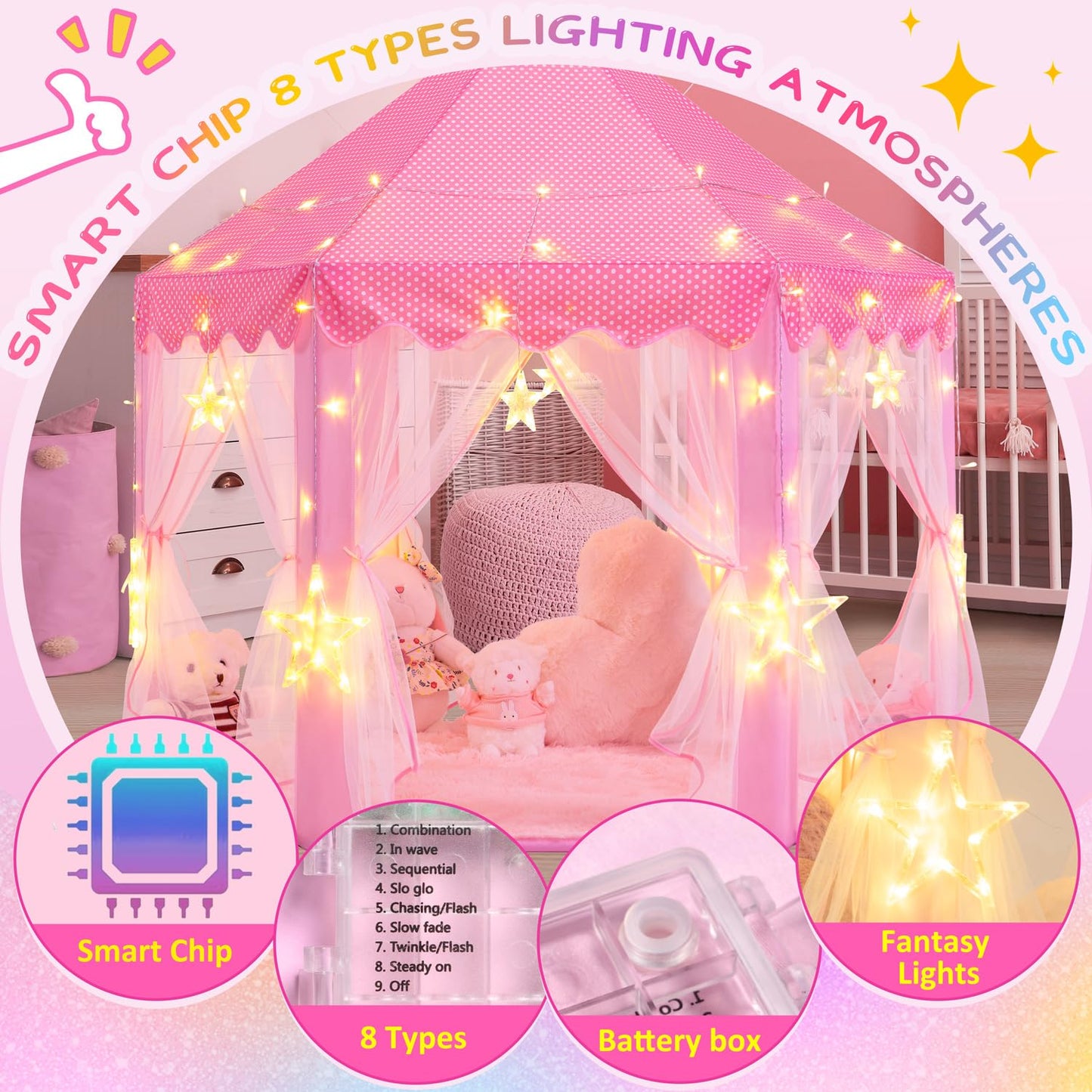 Evoionos Princess Tent For Girls, Castle Tent For Girls, Princess Castle Play Tent With Large Star Lights, Kids Tent Indoor Play