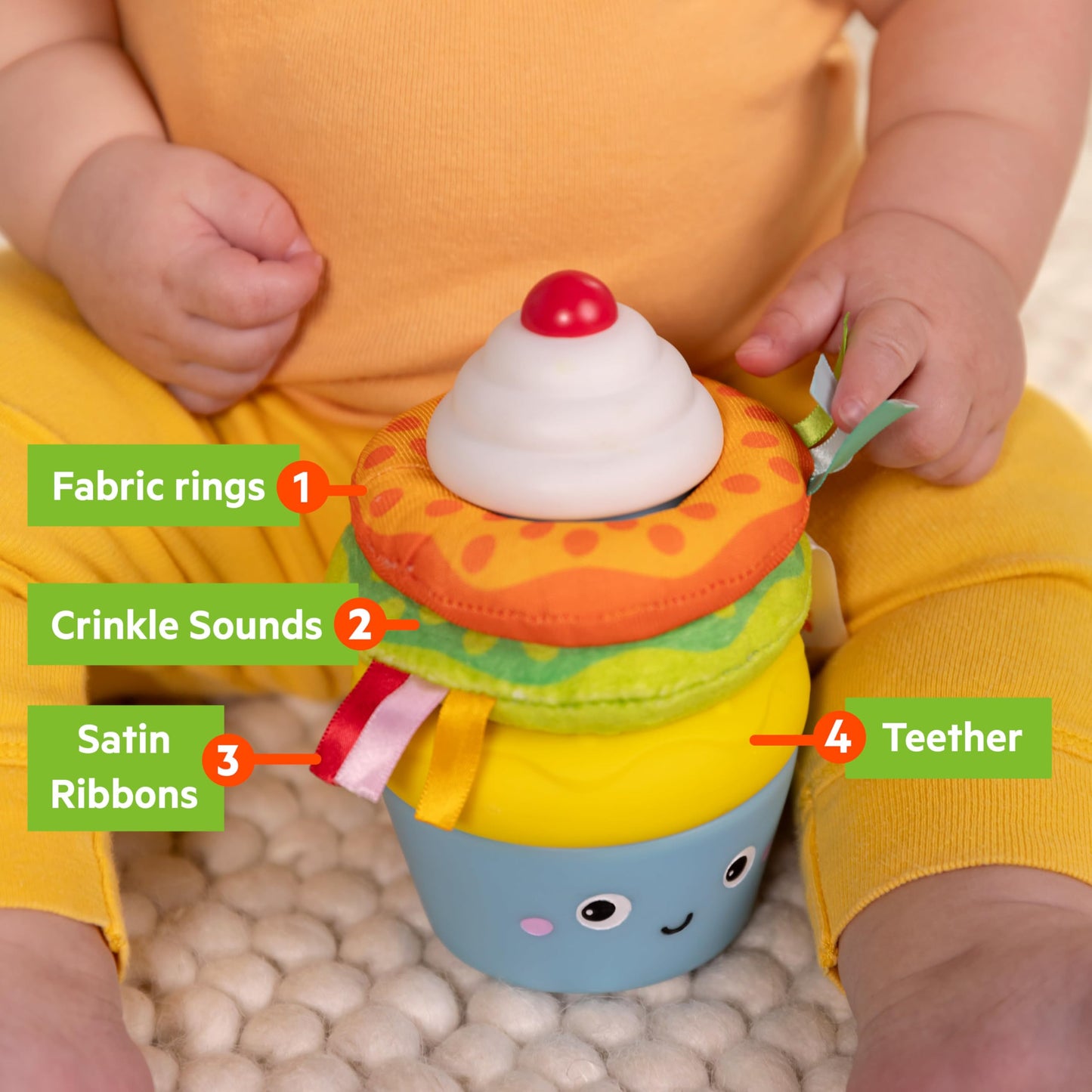 Bright Starts Treat Tower Stacking Toy with Teether in Cupcake and Donut Shapes, Develop Fine Motor Skills, Unisex, 6 Months+