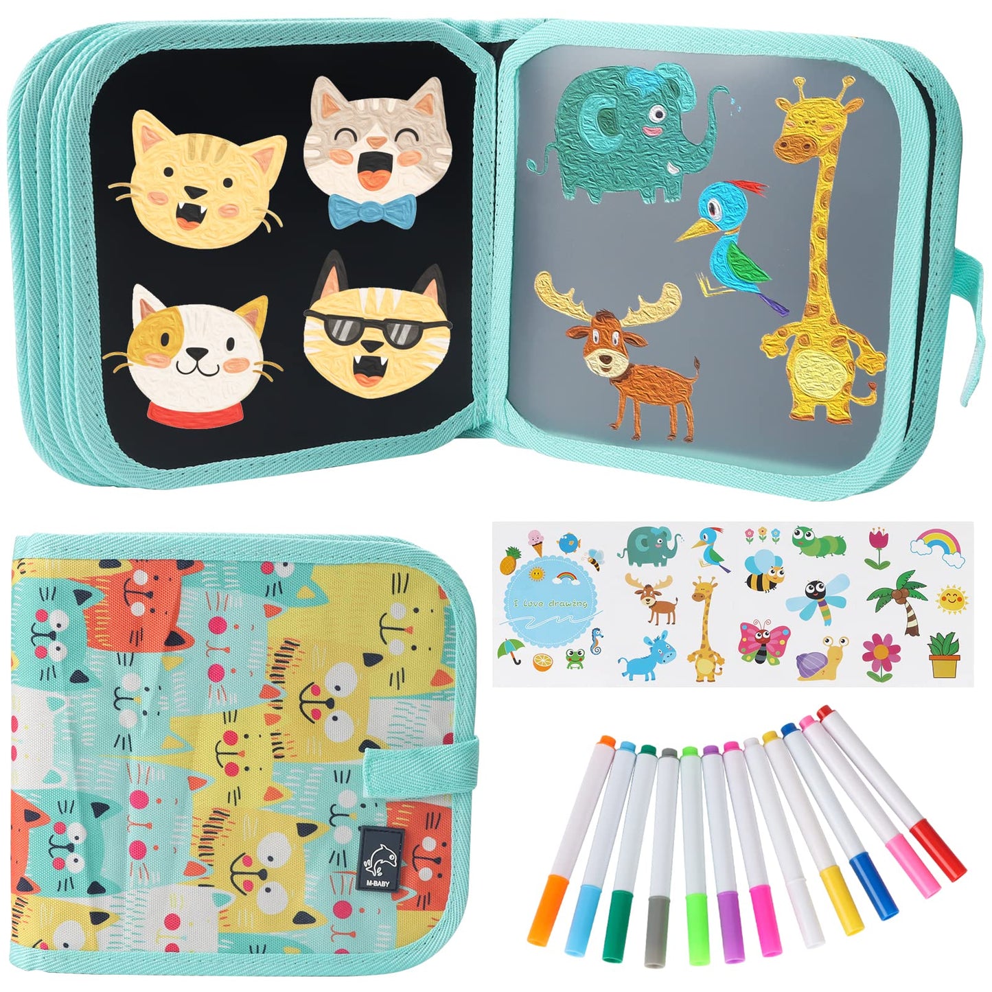 Qrytoi Erasable Doodle Set for Kids - Magic Drawing Book With 12 Watercolor Pens, 14 Page Reusable Book, Road Trip Car Game Writ