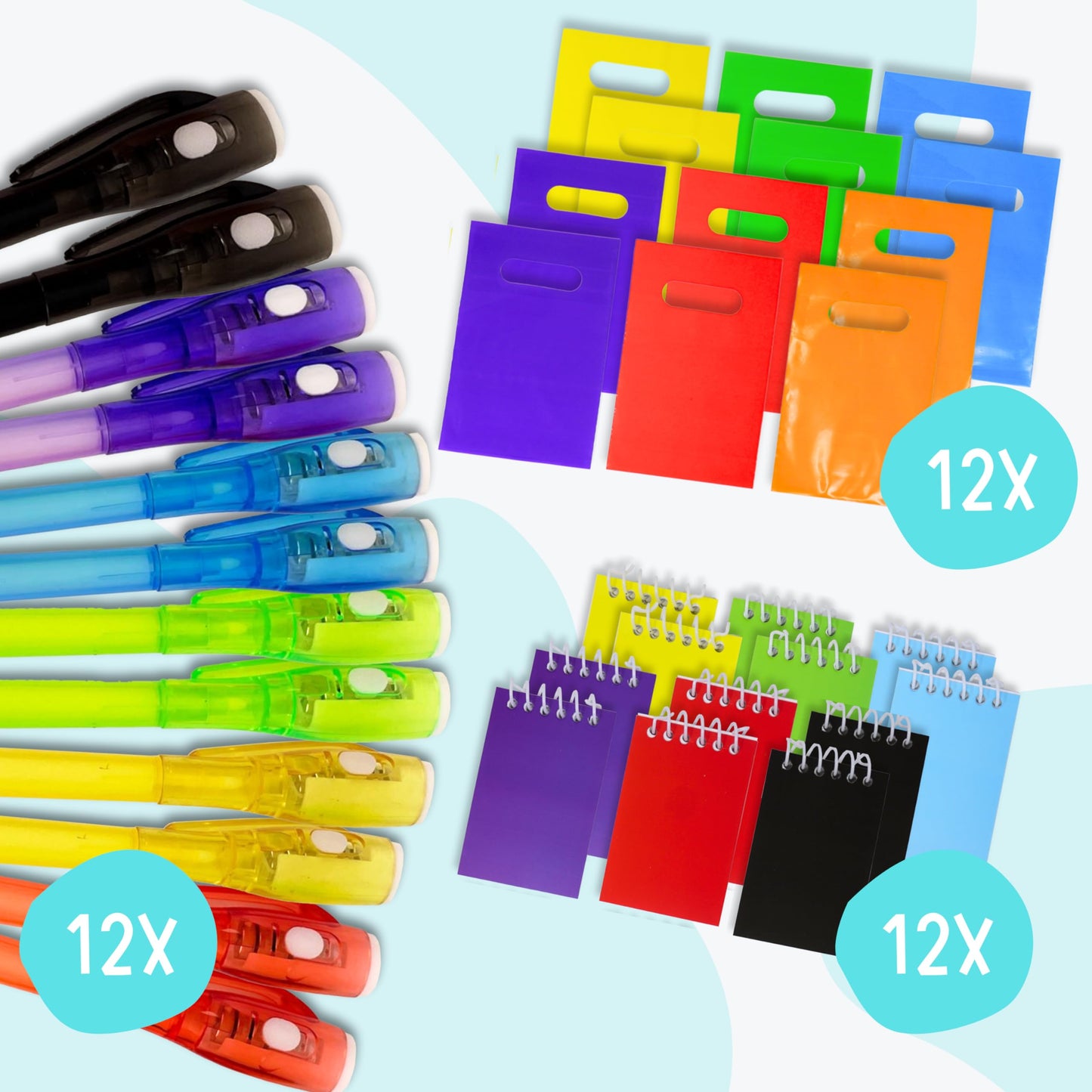 4E's Novelty 12 Invisible Ink Pen with UV Light, 12 Mini Notebook and 12 Colored Goodie Bags - Fun Bulk Party Favors for Kids