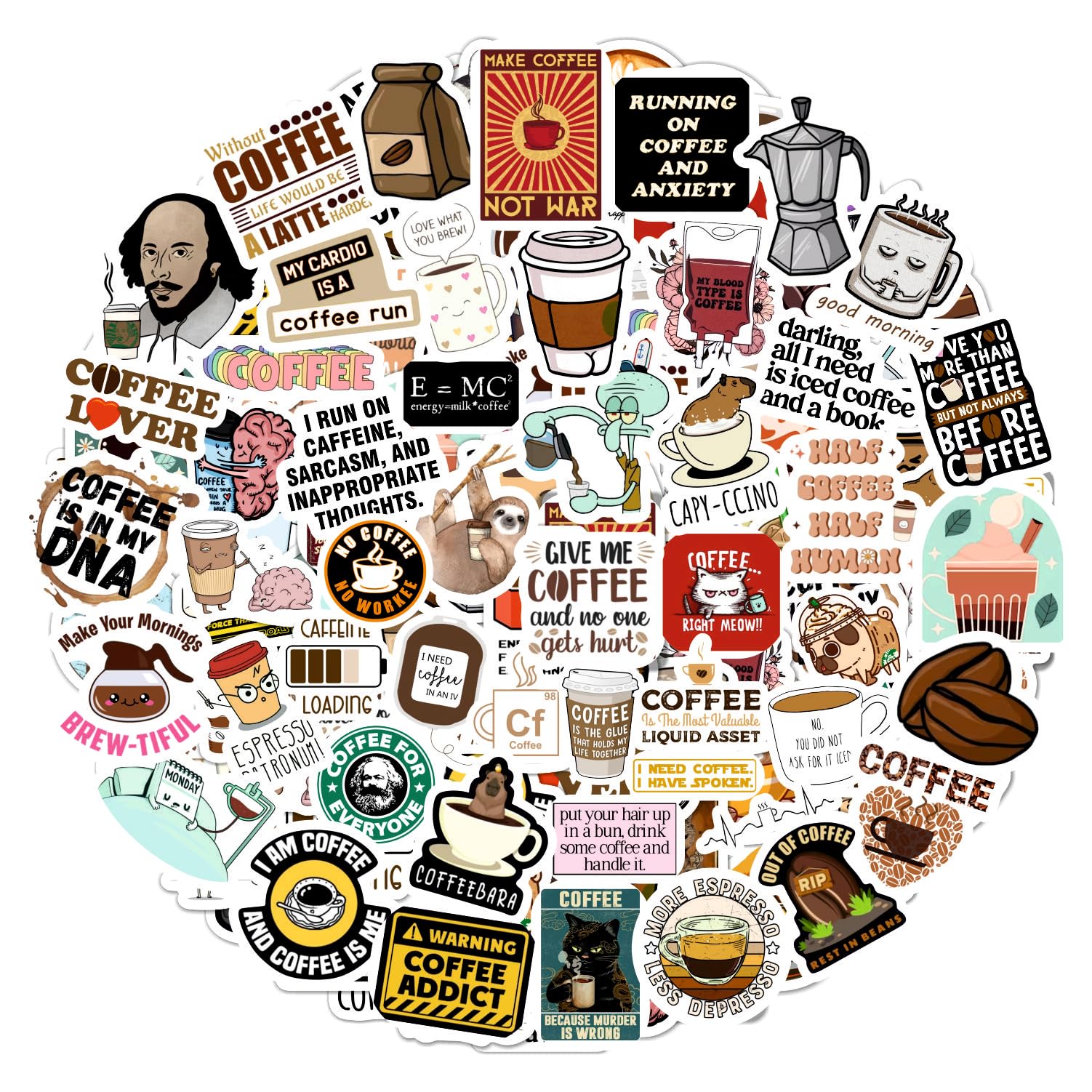 Bulbacraft 100Pcs Funny Coffee Stickers For Planner, Coffee Funny Quote Decals For Laptop, Scrapbook & Water Bottles, Funny Coff