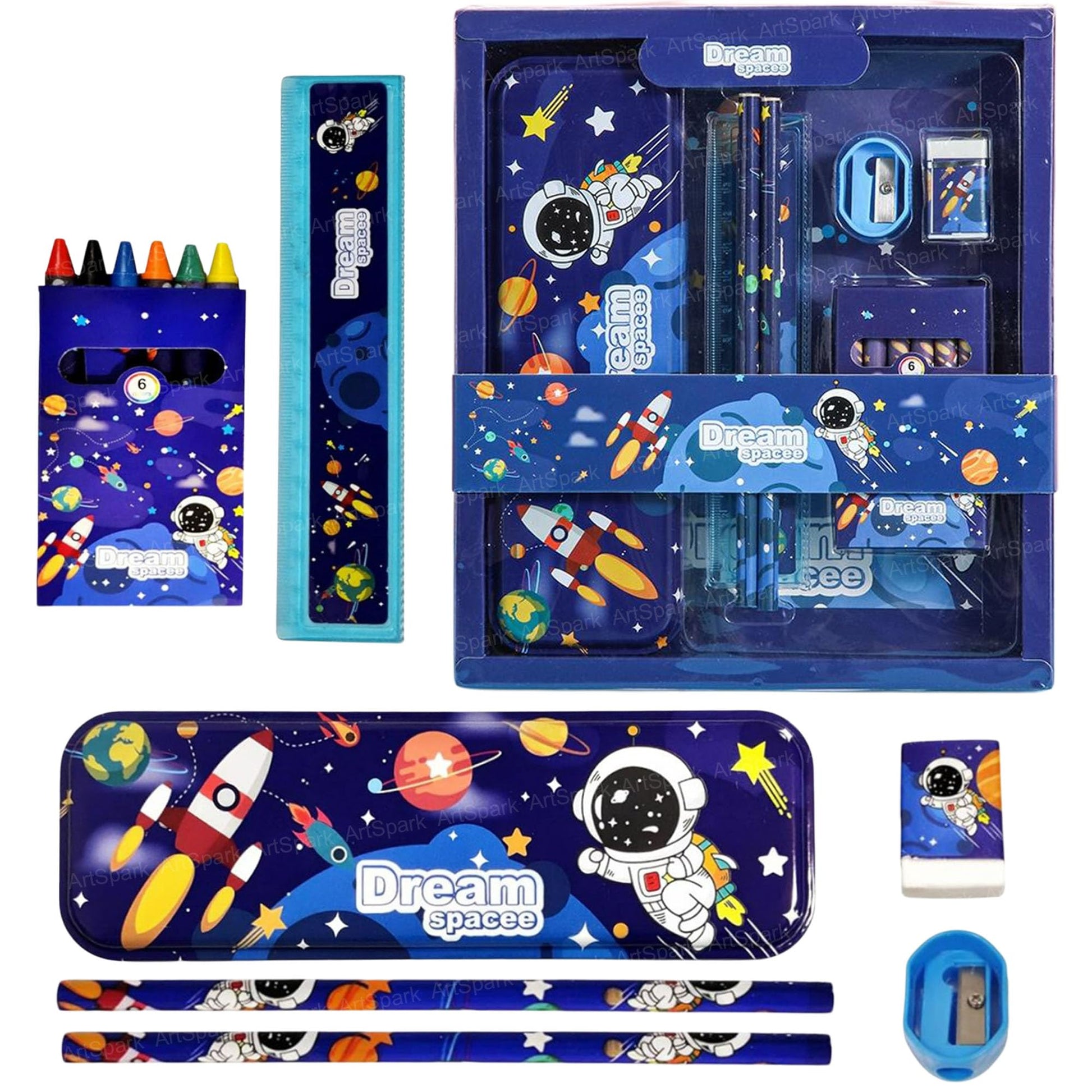 Artspark Space Theme Stationery Kit For Kids  Pencil Box With Pencils, Eraser, Sharpener & Color Crayons Set, Stationery Set Fo