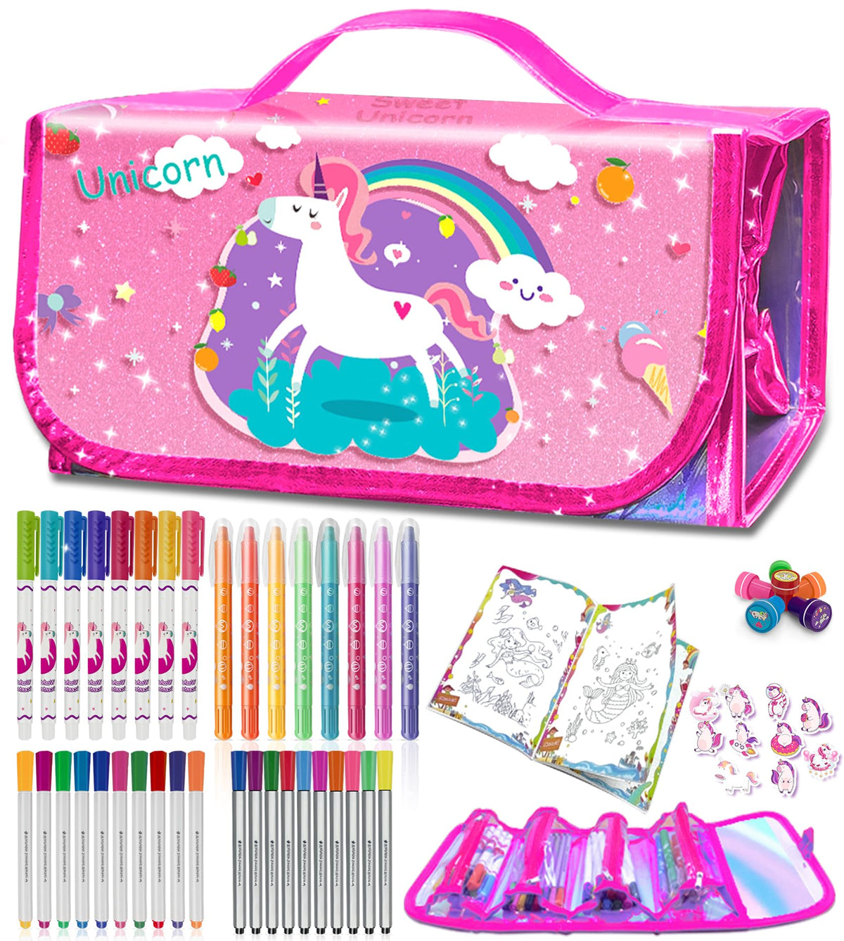 Weirtoya 56 Pcs Washable Scented Markers Set With Glitter Pencil Case, Mermaid Unicorn Art Supplies For Kids 468, Arts And Cra