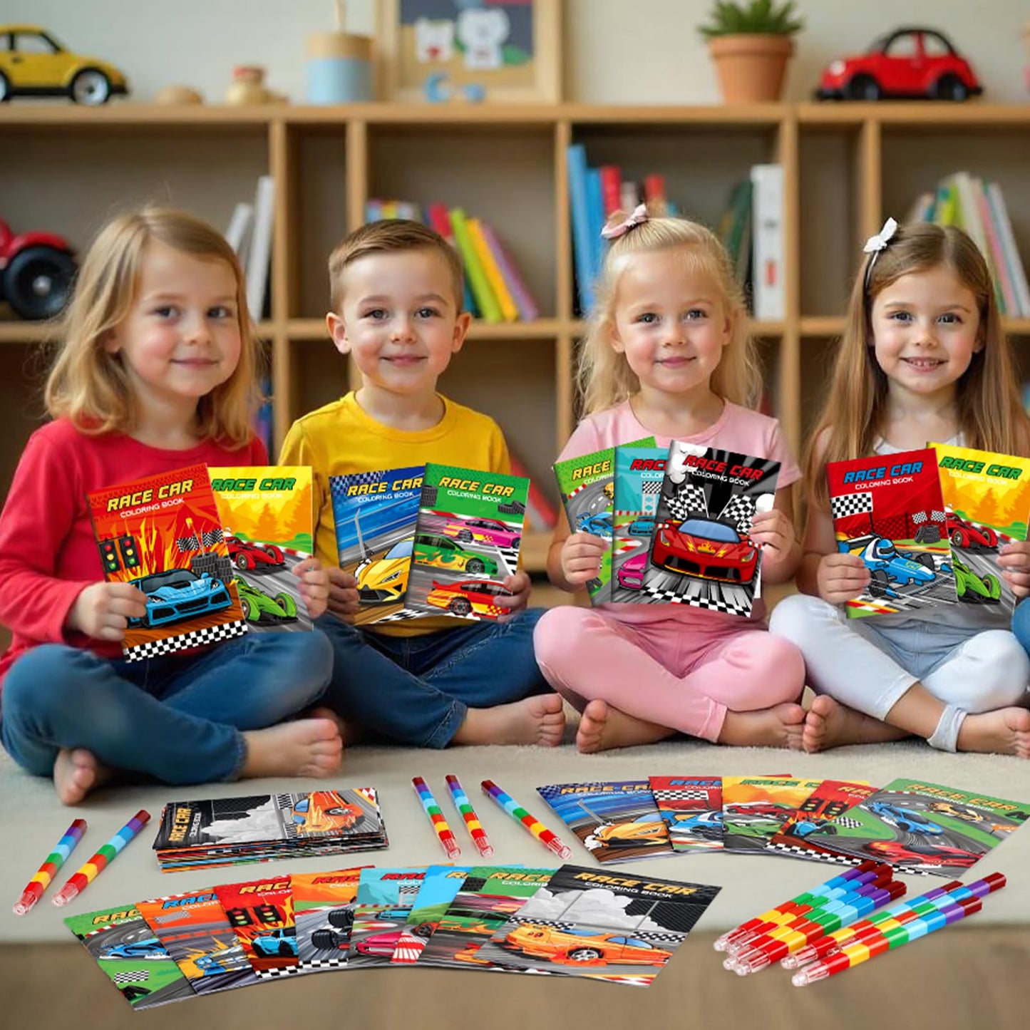 BenLouis 12 Race Car Mini Coloring Books Kids with 12 Stacking Crayons Racing Theme Party Favors Small Activity Books Bulk for K