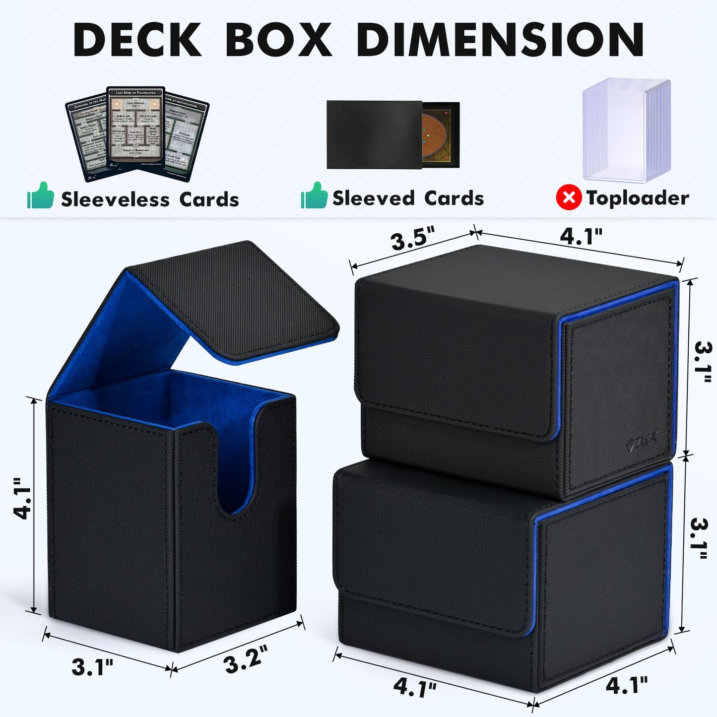 Zlca Card Deck Box For Trading Cards, Mtg Yugioh Deck Case Holds 100+ Single Sleeved Cards, Pu Leather Magnetic Card Storage Box Fits For Tcg Ccg Magic Game Cards (Black& Blue)
