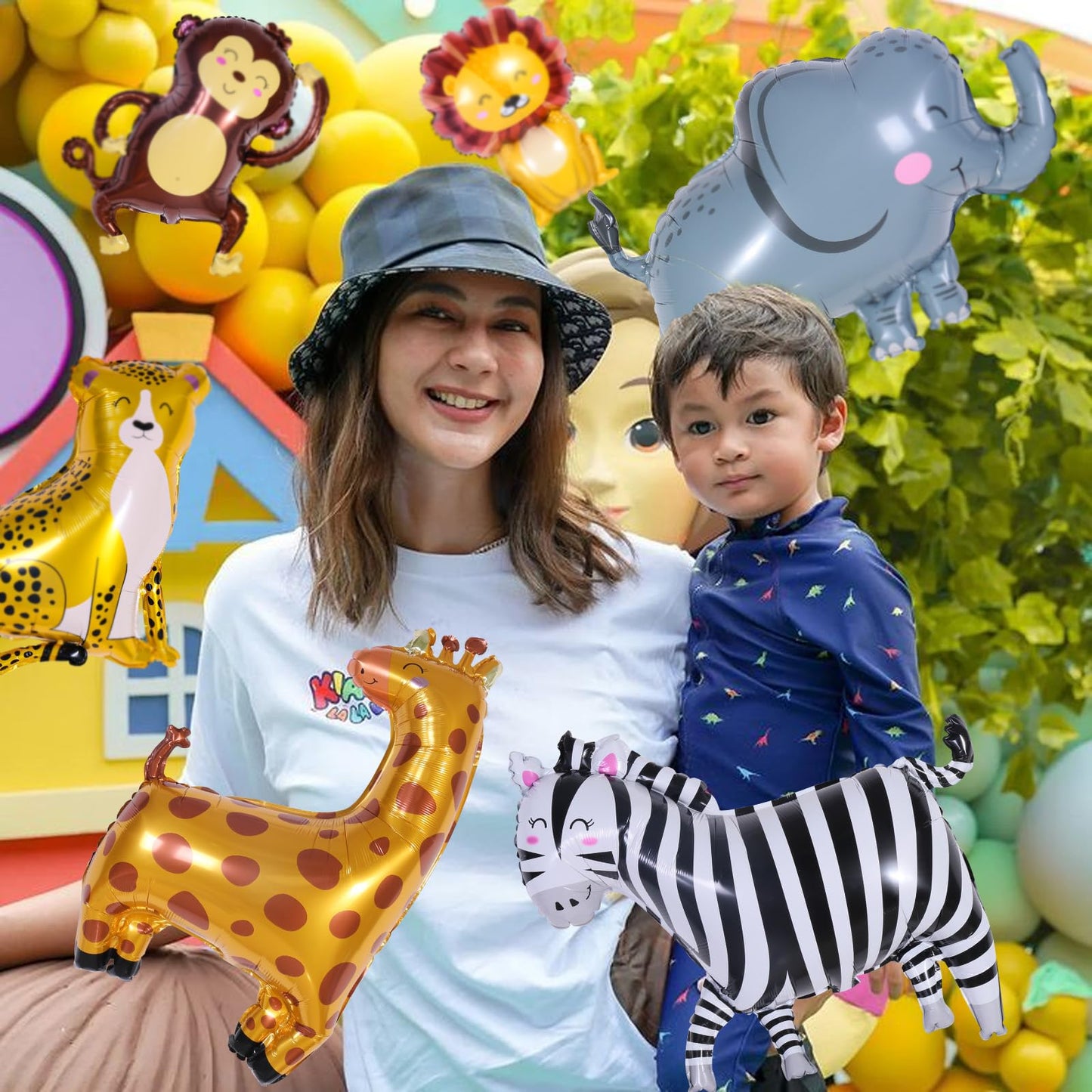6 Pcs Giant Smile Jungle Safari Animals Balloons,Large Monkey Elephant Zebra Leopard Lion Giraffe Foil Balloons For Wild One Saf
